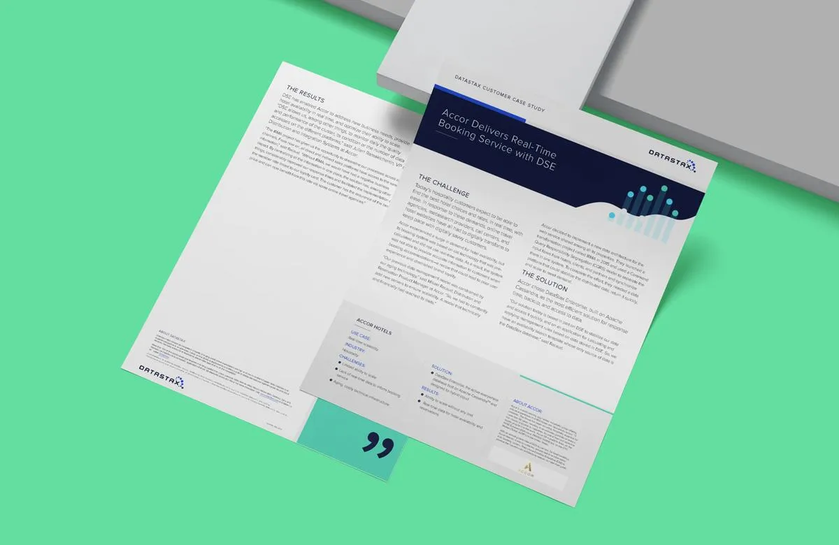 DataStax customer case study for Accor, printed as a two-page spread on a mint green background.