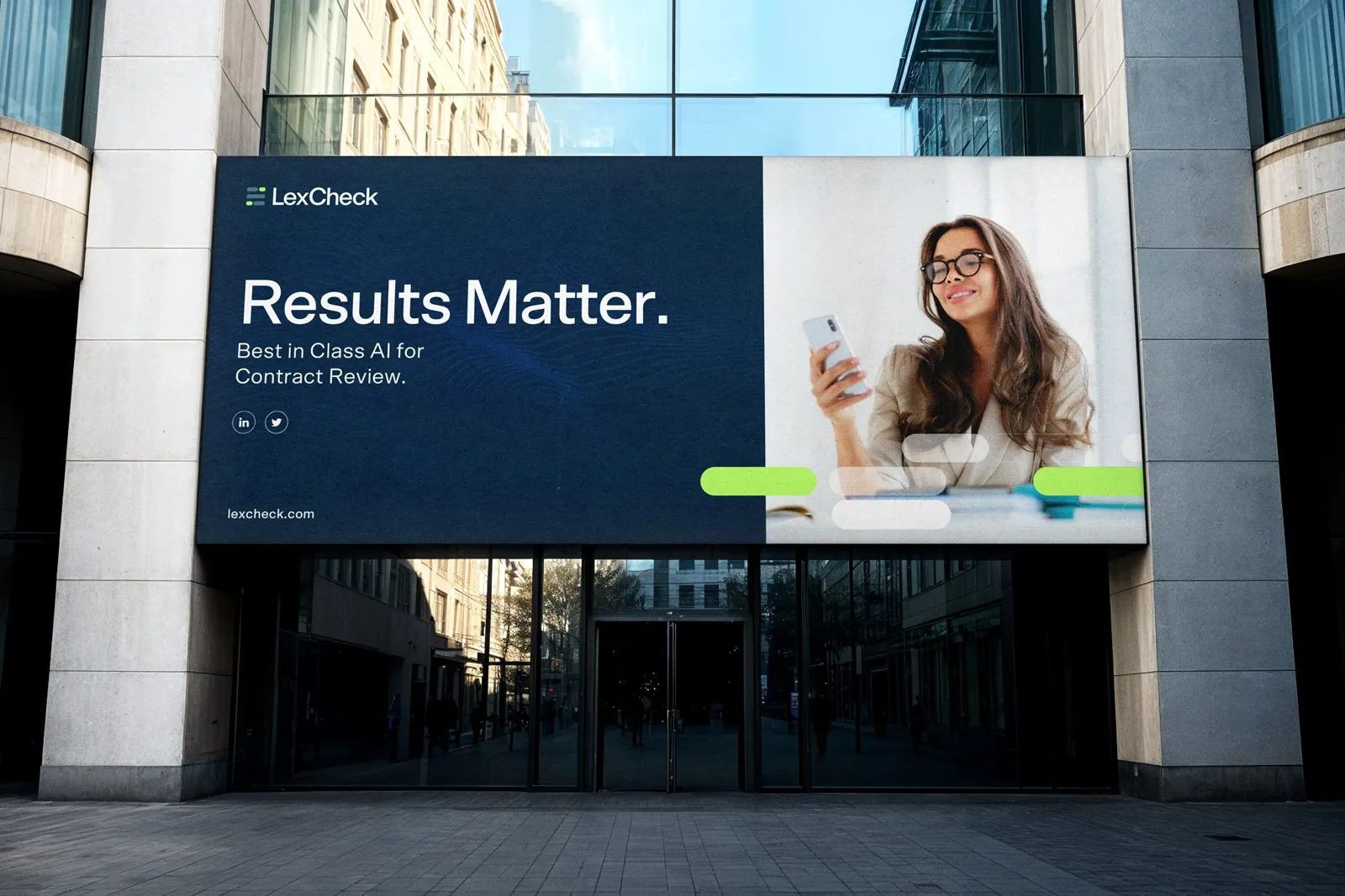 LexCheck billboard on a building facade: "Results Matter. Best in Class AI for Contract Review", next to a smiling woman holding a phone.