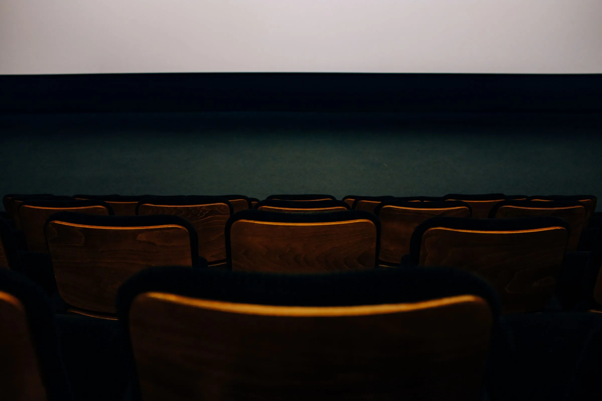 Rows of empty wooden auditorium seats facing a pale screen in a dark room.