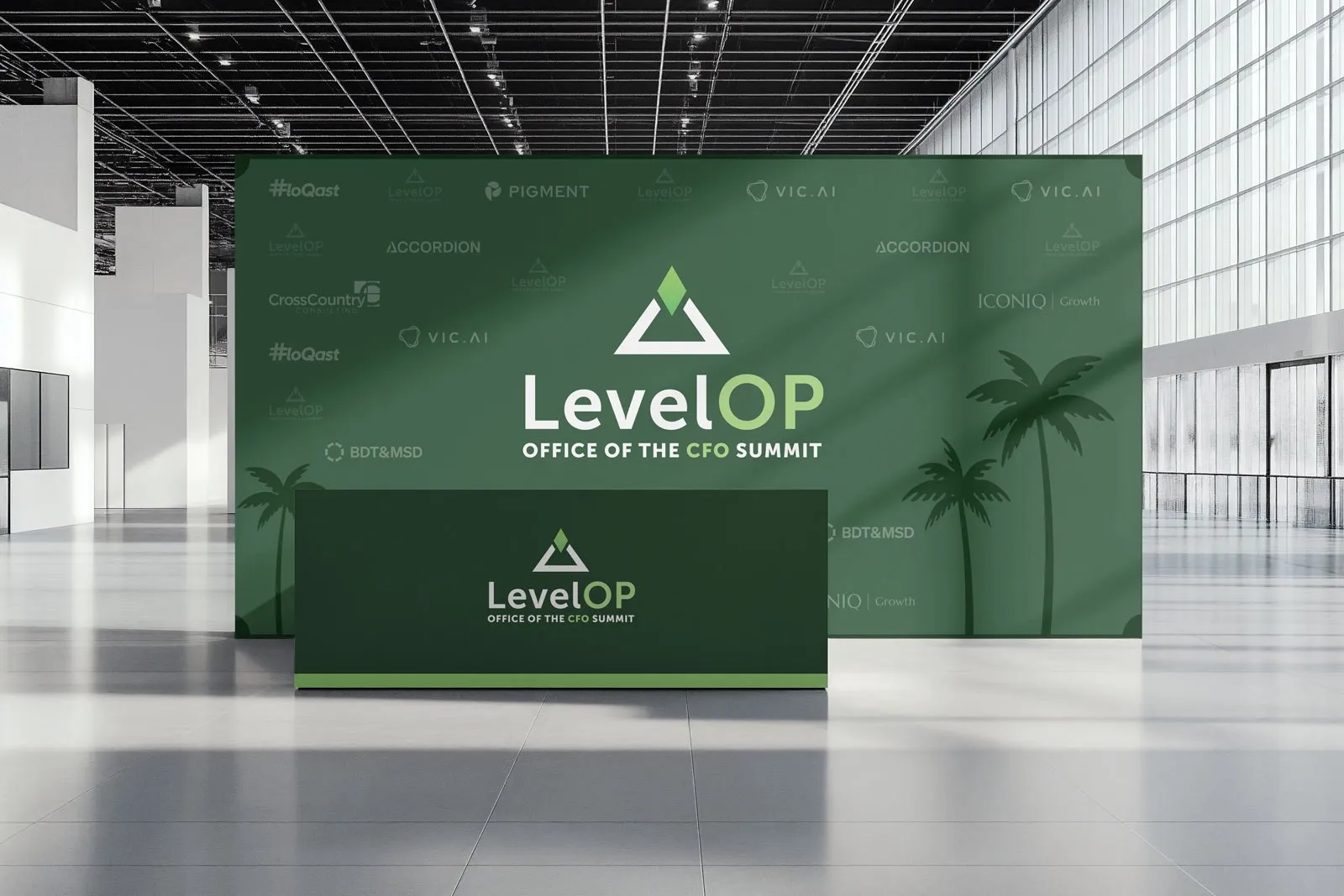 LevelOP Office of the CFO Summit backdrop and welcome counter in FloQast green with sponsor logos.