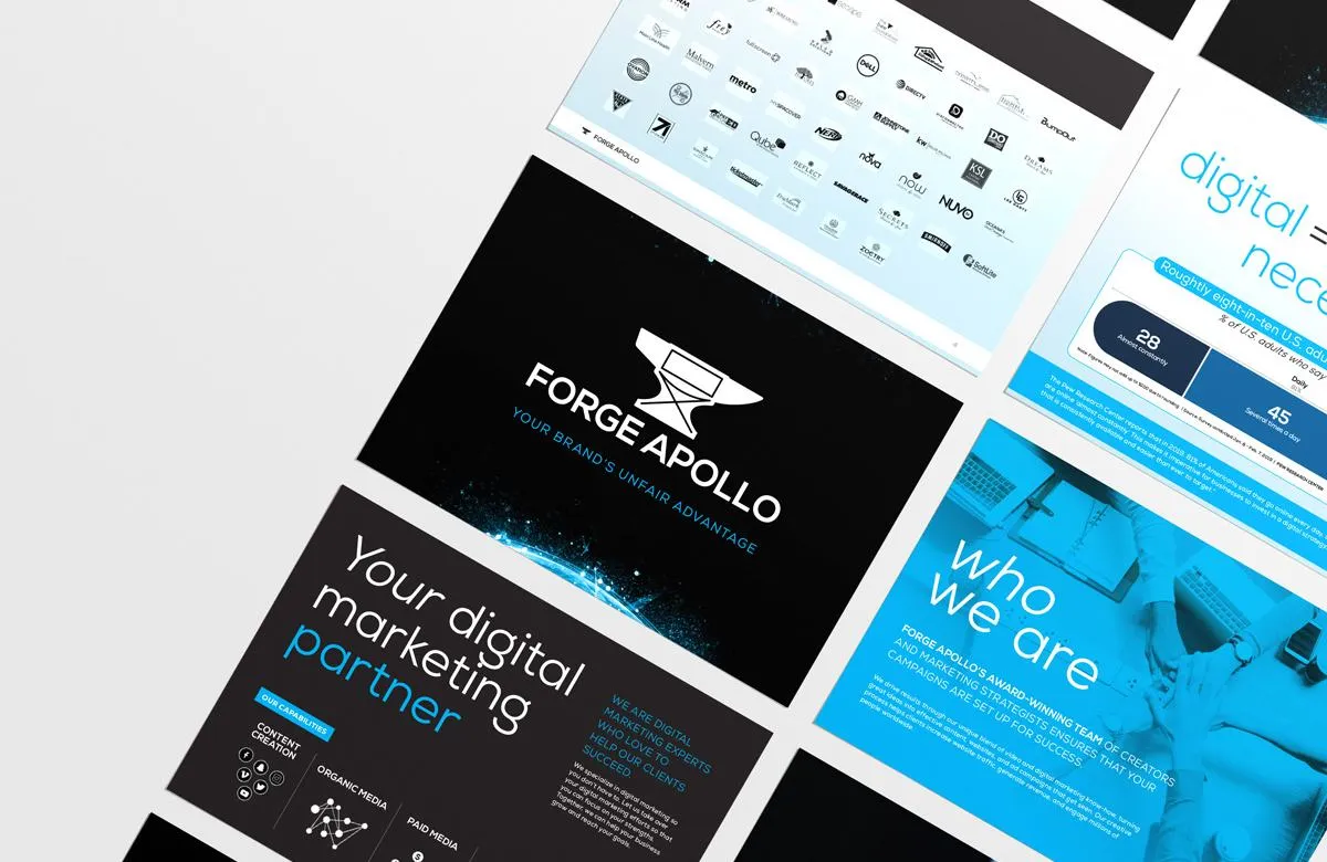 Pages from the Forge Apollo pitch deck laid out at an angle, including the black title slide, a "Your digital marketing partner" slide and a bright blue "Who we are" slide.
