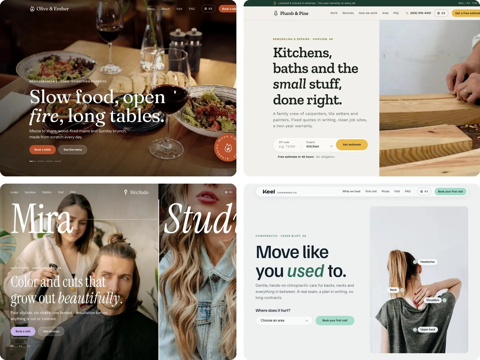 The first screens of four small business websites side by side: a restaurant, a remodeling company, a hair salon and a chiropractor.