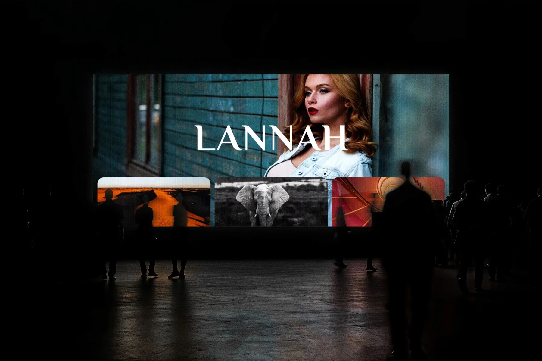The Lannah photography website projected on a large screen in a dark gallery, with visitors silhouetted in front.