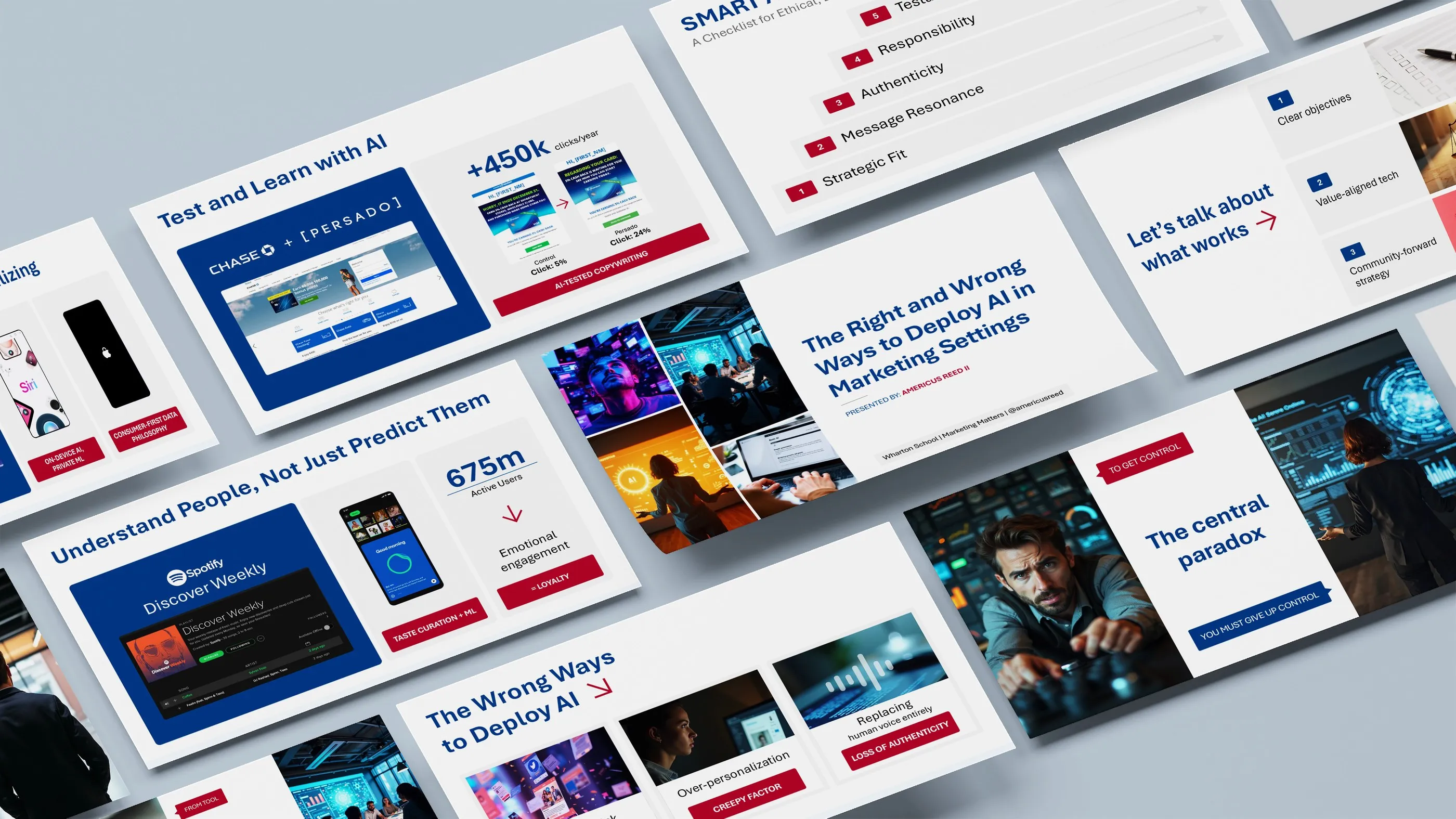 A spread of presentation slides at an angle, including "The Right and Wrong Ways to Deploy AI in Marketing Settings", data slides with large numbers and photo-led title slides.