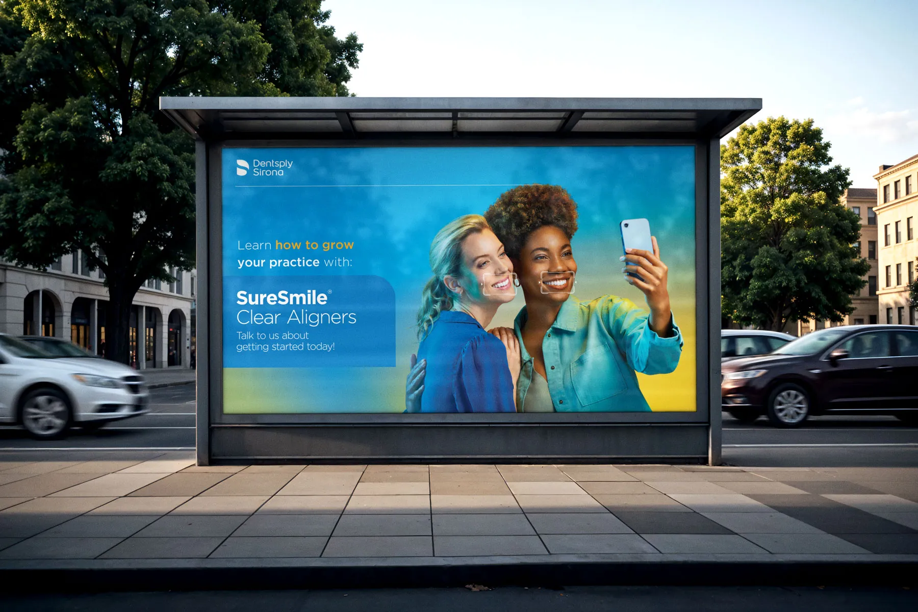SureSmile Clear Aligners bus-shelter ad showing two smiling friends taking a selfie.