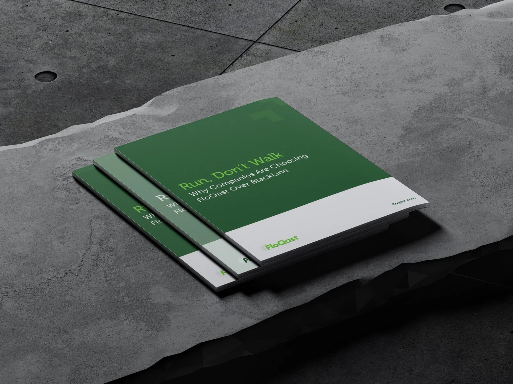 Printed FloQast guides titled "Run, Don't Walk: Why Companies Are Choosing FloQast Over BlackLine" on a concrete ledge.