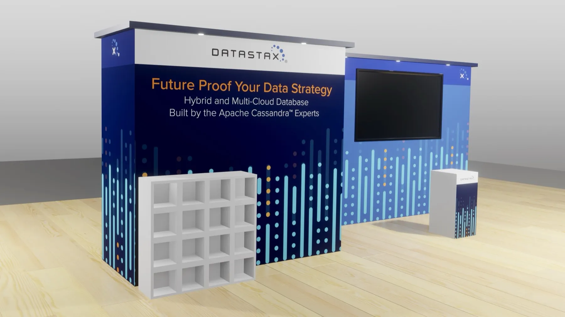 3D render of the DataStax Strata NY booth: a navy backdrop reading "Future Proof Your Data Strategy" with a TV screen, shelving and a small counter.
