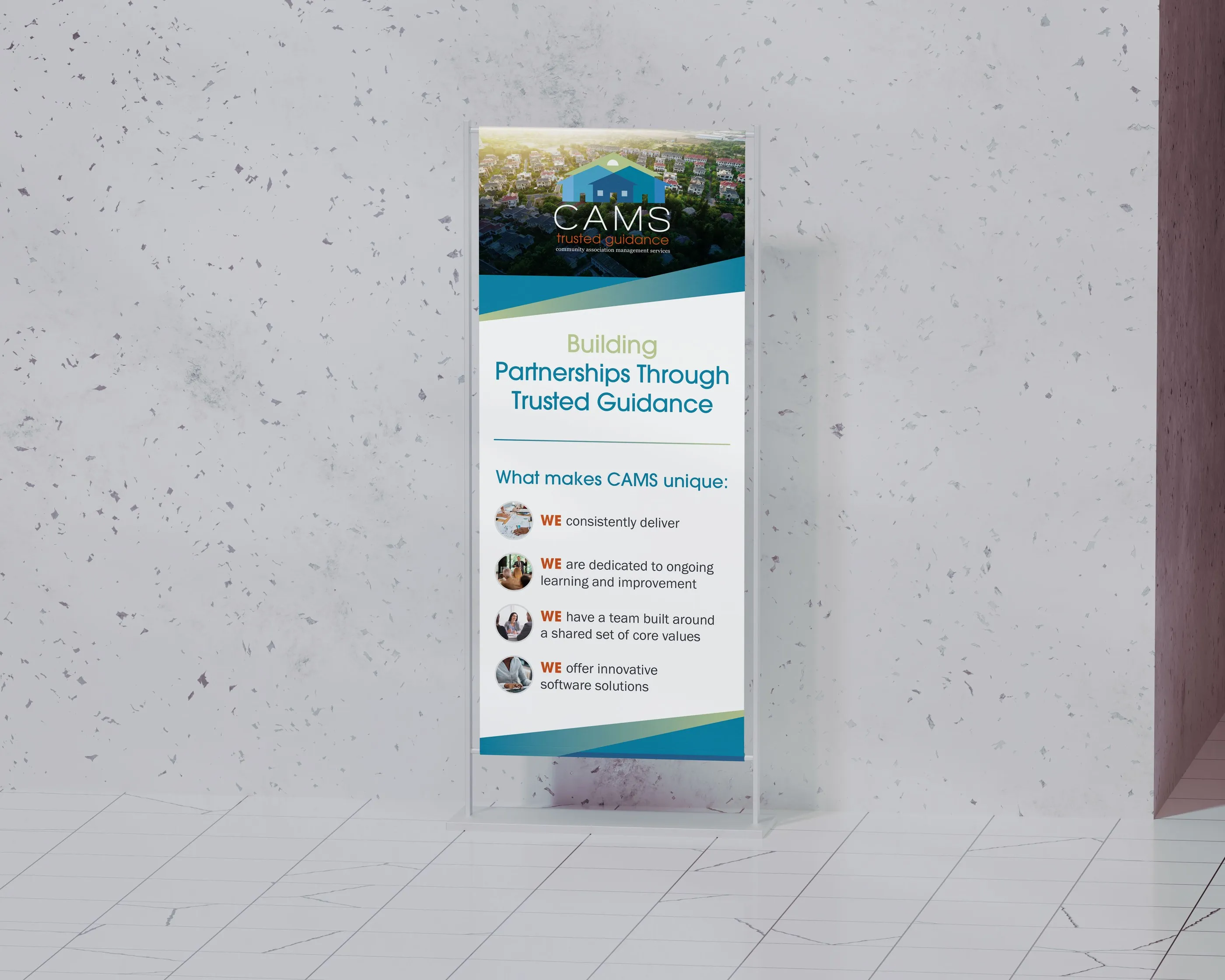 CAMS retractable banner: "Building Partnerships Through Trusted Guidance" with a list of what makes CAMS unique.