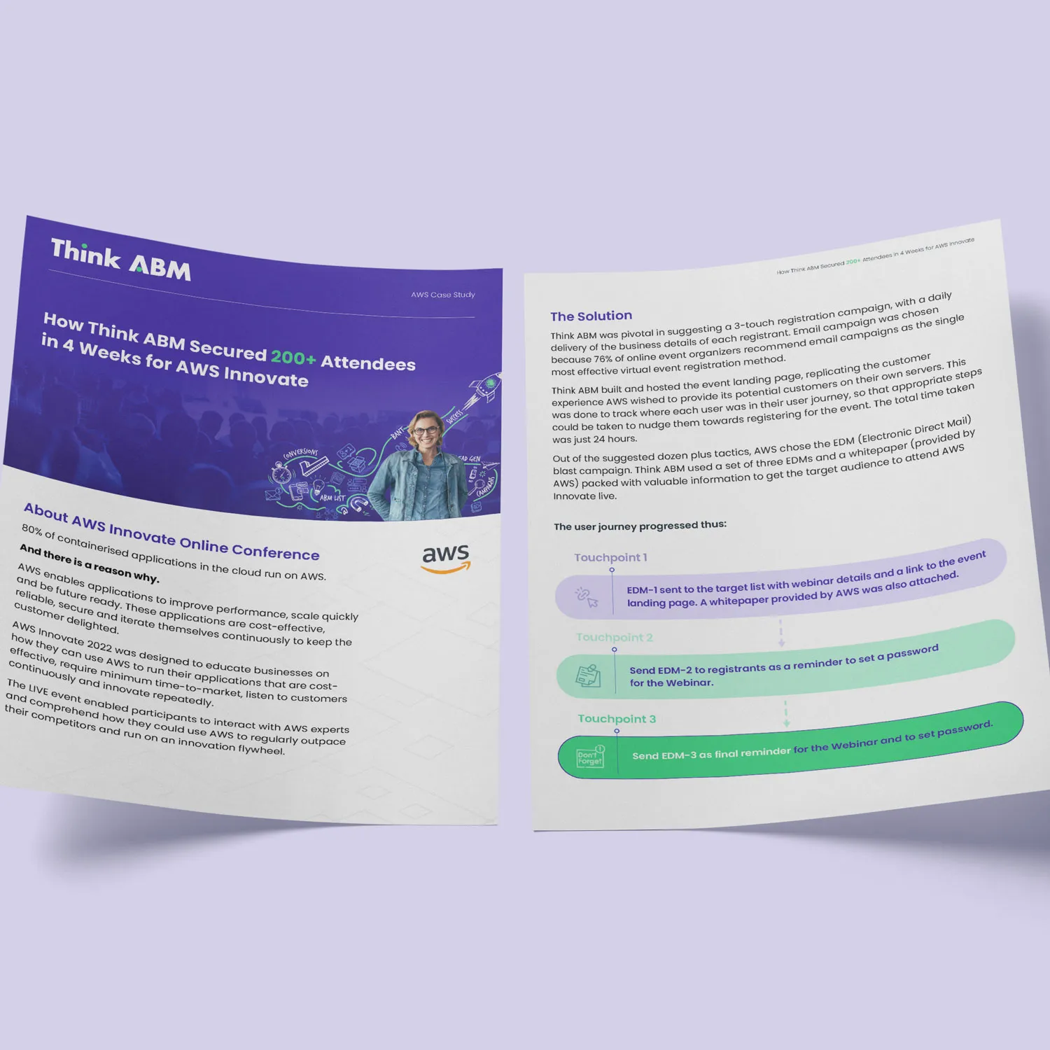 Think ABM case study spread showing the purple cover with an illustrated hero and the solution page with the three-step email journey.
