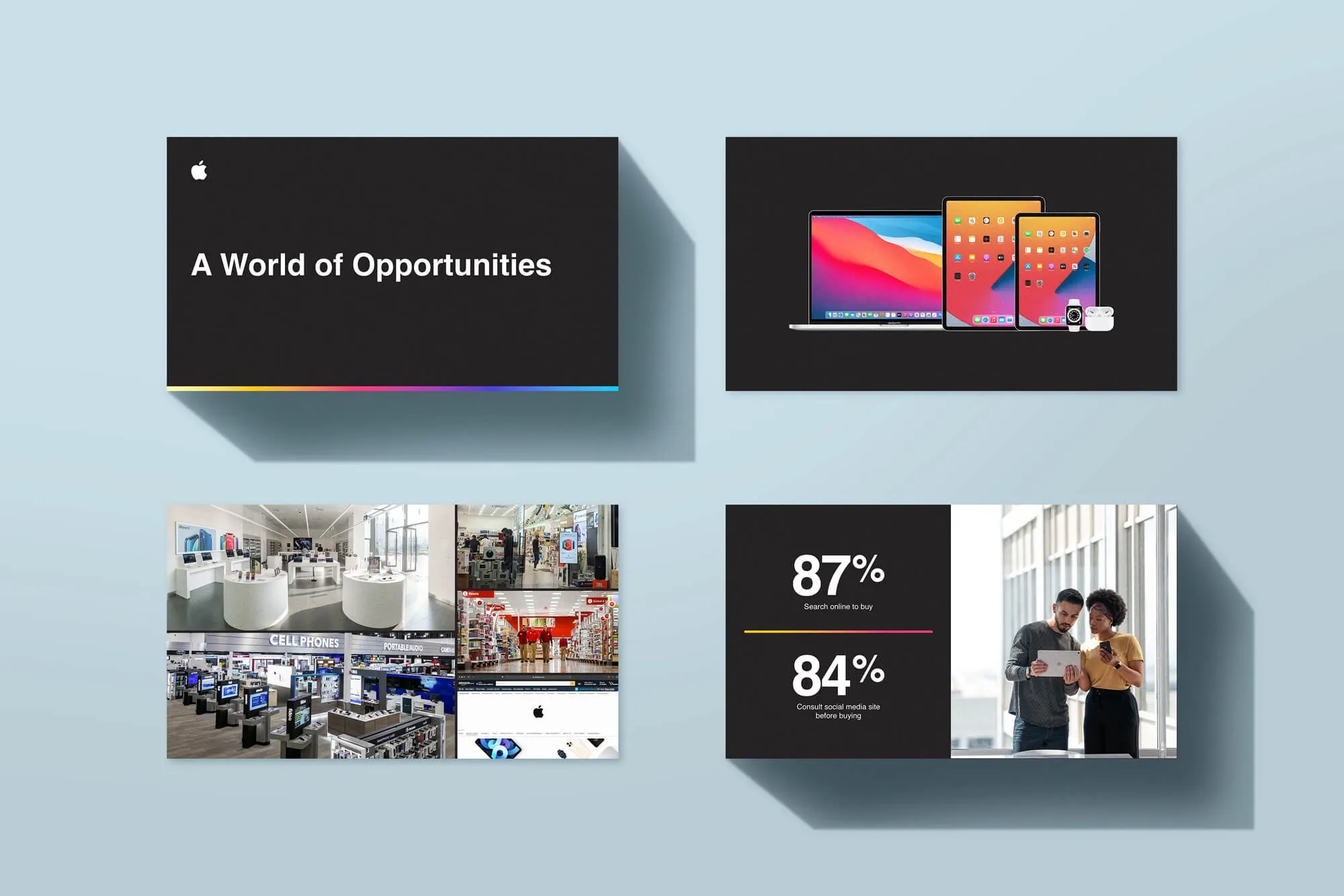 Apple deck slides: a black title slide, "A World of Opportunities", Mac and iPad product shots, store interiors and 87% and 84% stats.