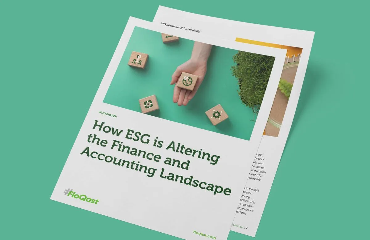 FloQast white paper titled "How ESG is Altering the Finance and Accounting Landscape" on a green background, with a hand holding wooden eco-symbol blocks on the cover.