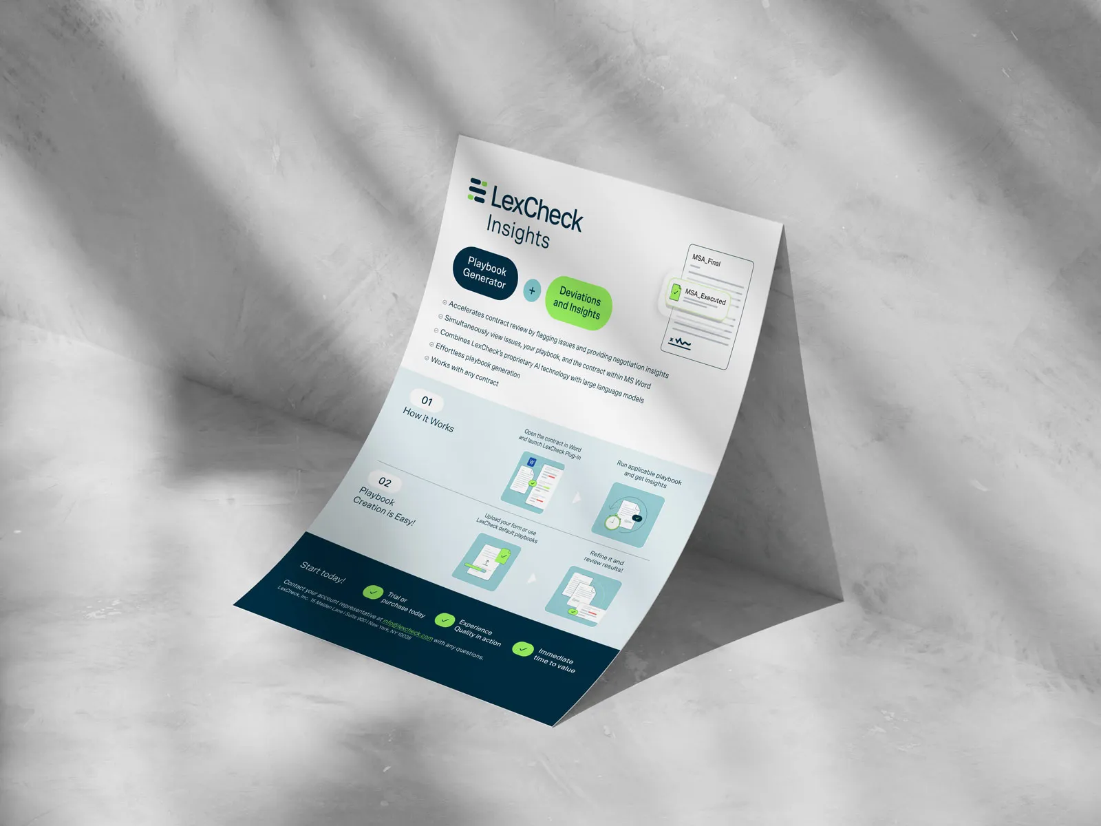 LexCheck Insights one-page flyer in white, teal and lime, standing on a grey surface.