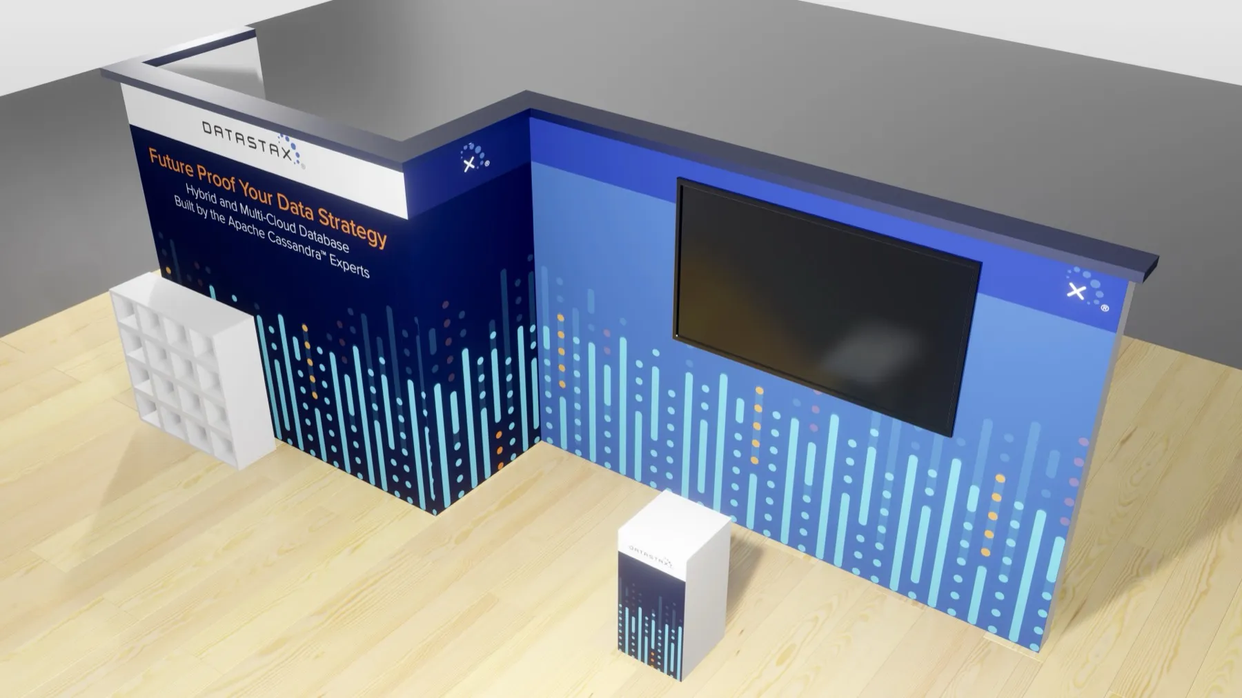 Angled render of the same DataStax booth, showing the corner wall with a mounted screen and light-blue dot graphics.