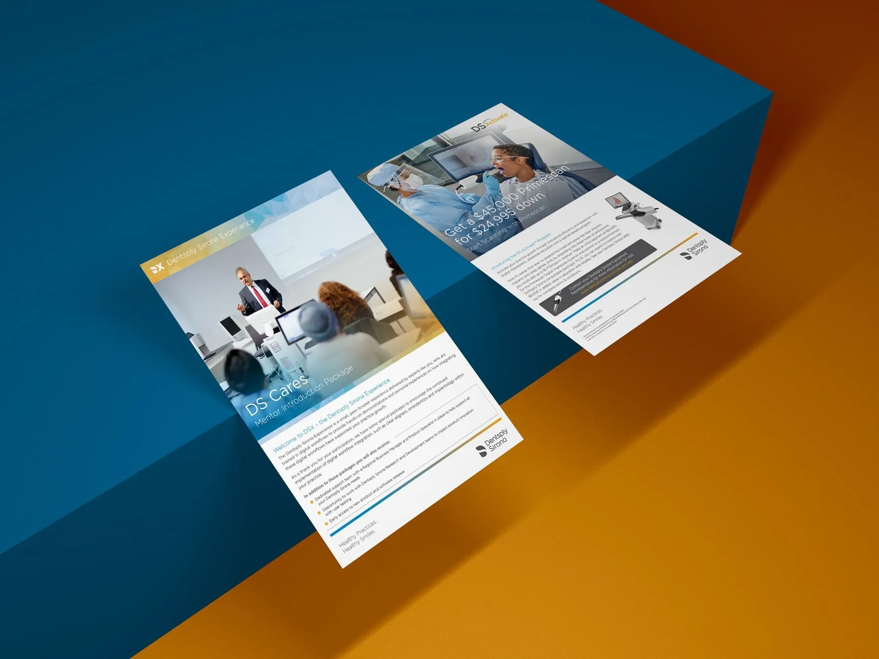 Two Dentsply Sirona flyers, including a DS Cares program sheet, on a blue and orange background.