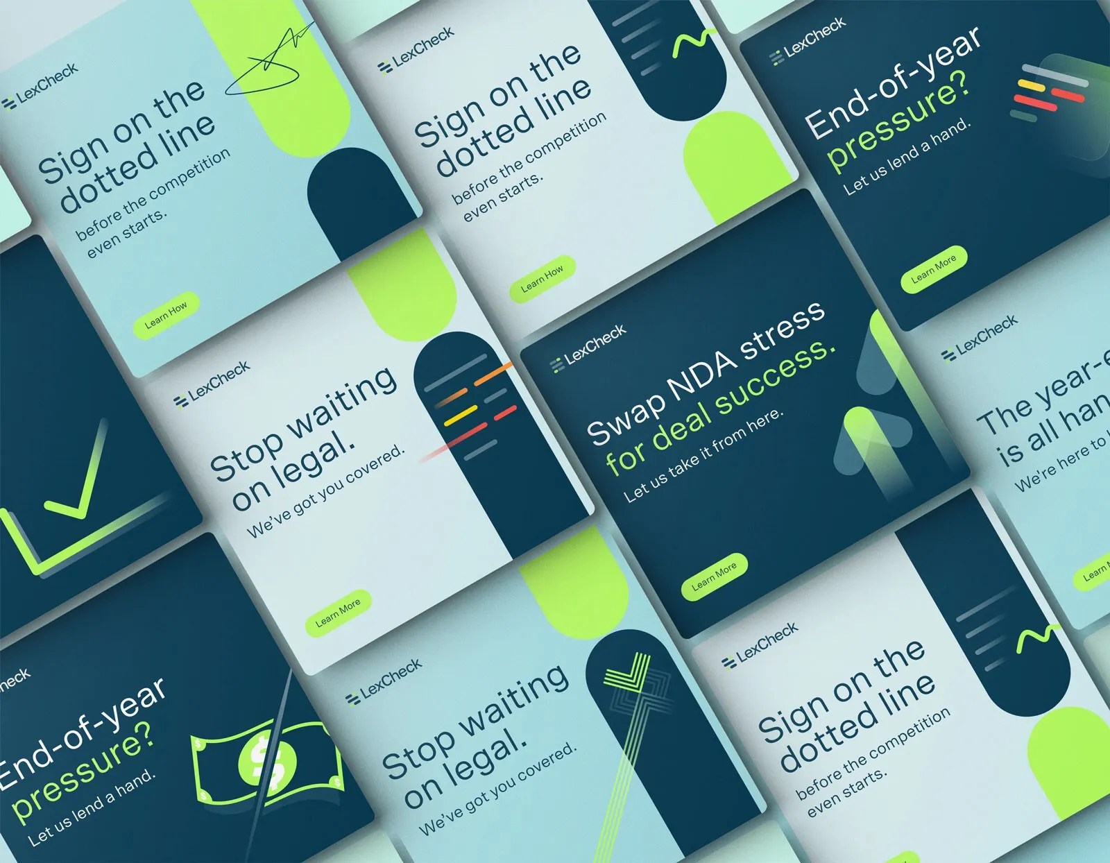 Grid of LexCheck social ads in teal and lime with lines like “Sign on the dotted line,” “Stop waiting on legal” and “End-of-year pressure?”