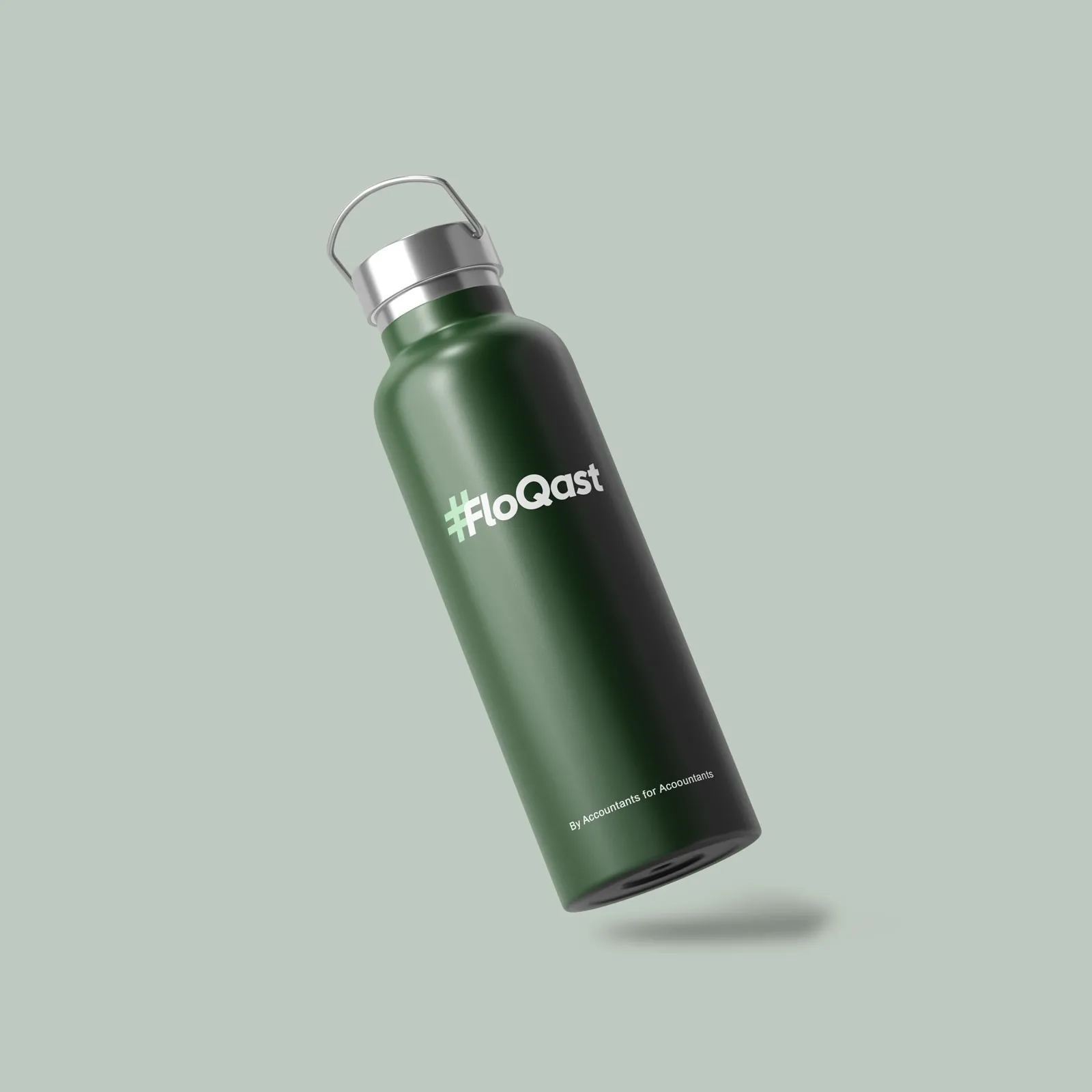 Dark green FloQast water bottle with a metal carry handle.