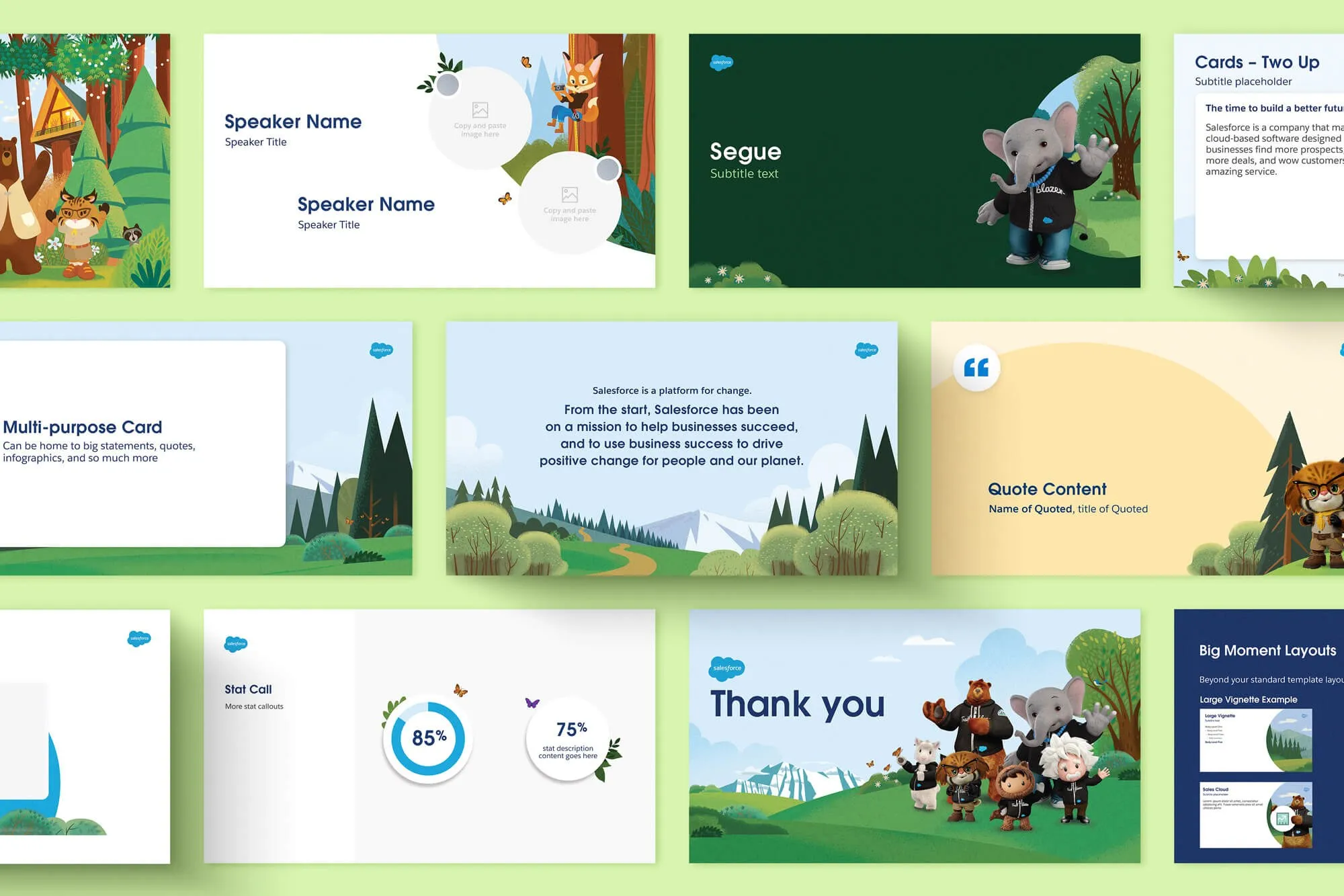 Salesforce presentation template slides with illustrated forest scenes and characters, speaker slides, quote slides and data callouts.