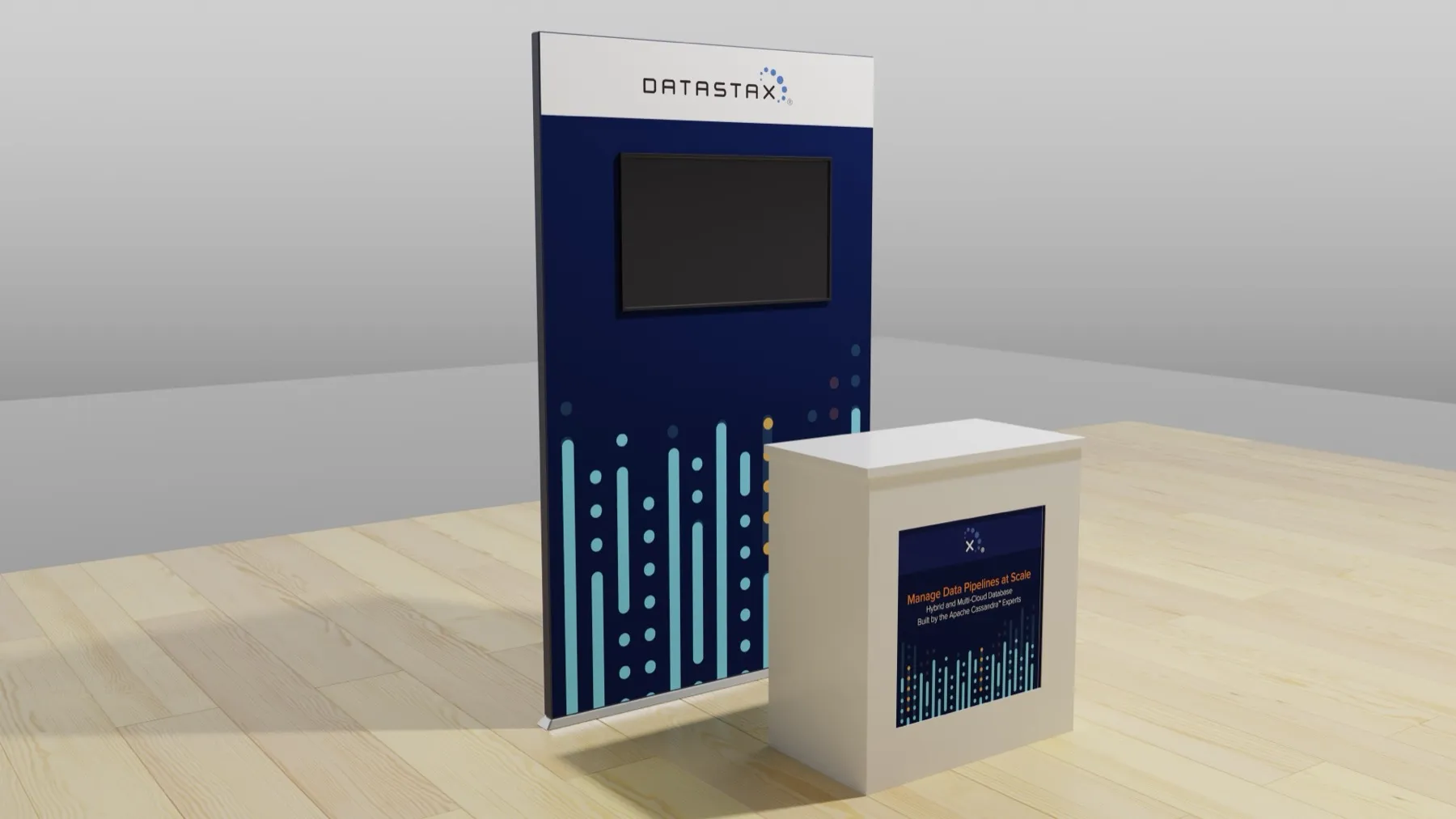 Render of a tall DataStax kiosk tower with a screen above a white counter printed with the navy dot pattern.