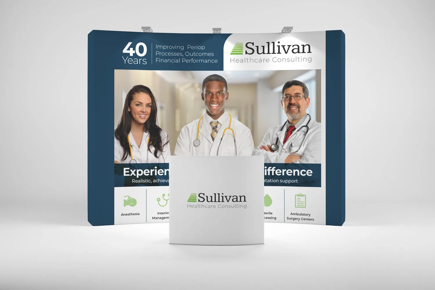 Earlier Sullivan "40 Years" booth design with three smiling clinicians, the line "Improving periop processes, outcomes, financial performance" and a logo counter.