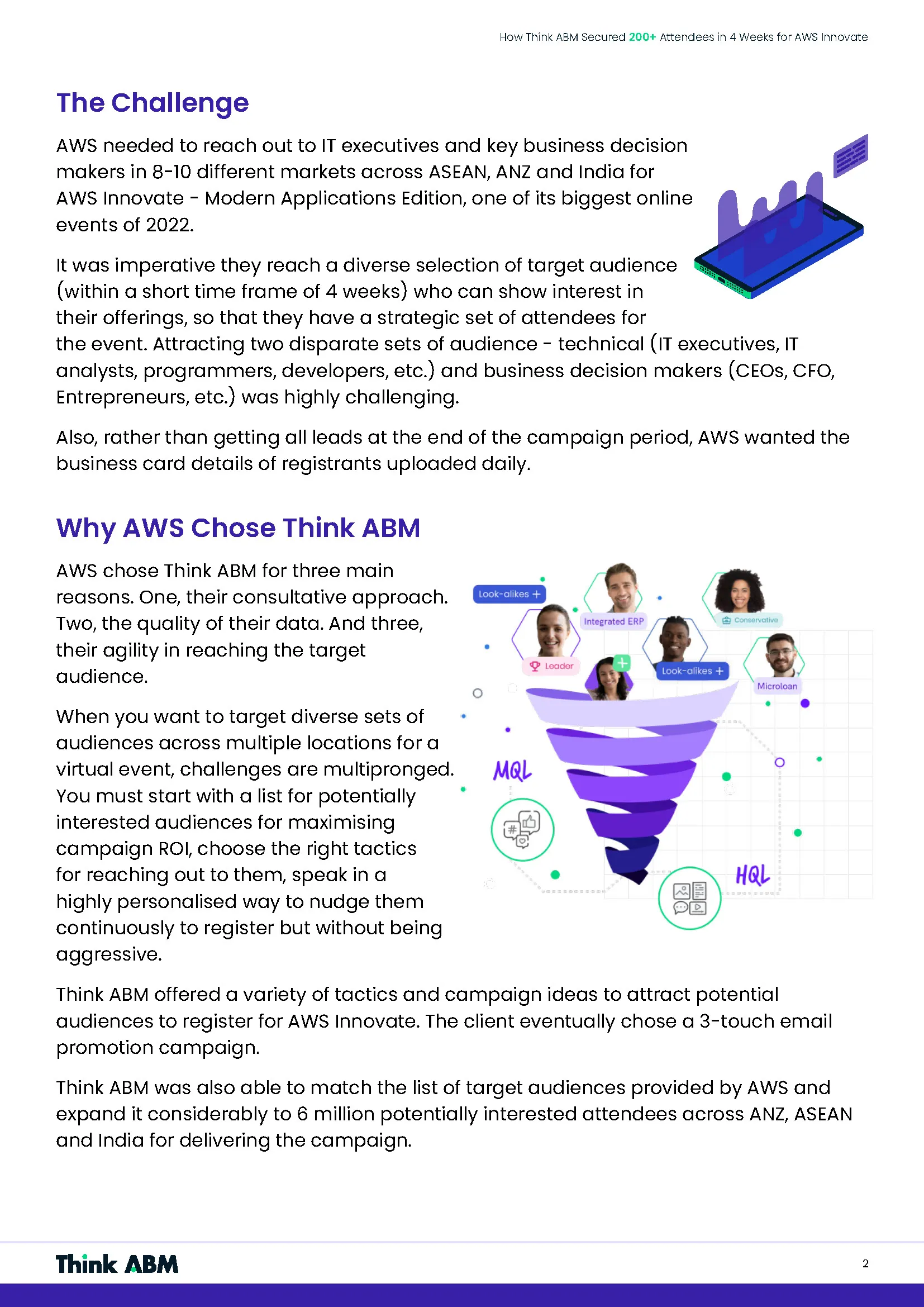Page two, covering the challenge and why AWS chose Think ABM, with an isometric funnel illustration.