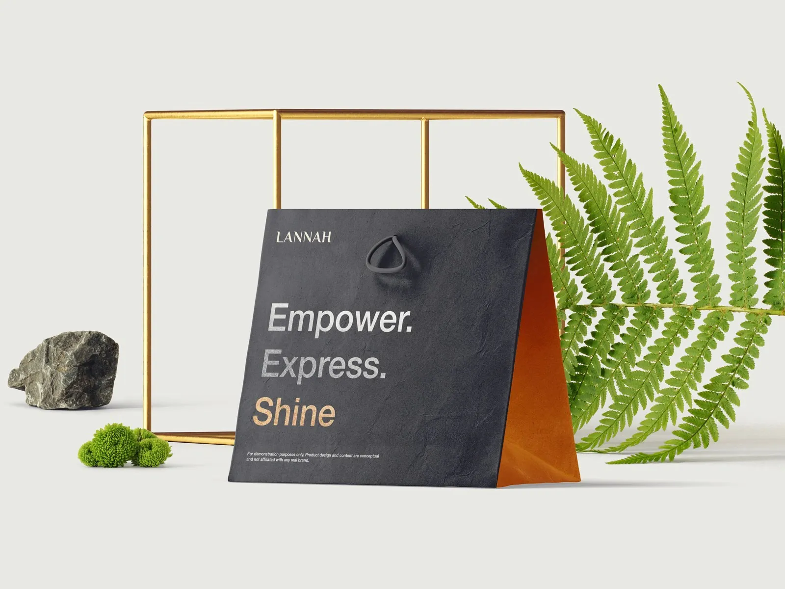 Dark grey Lannah shopping bag reading "Empower. Express. Shine" next to a fern, a rock and a gold frame.