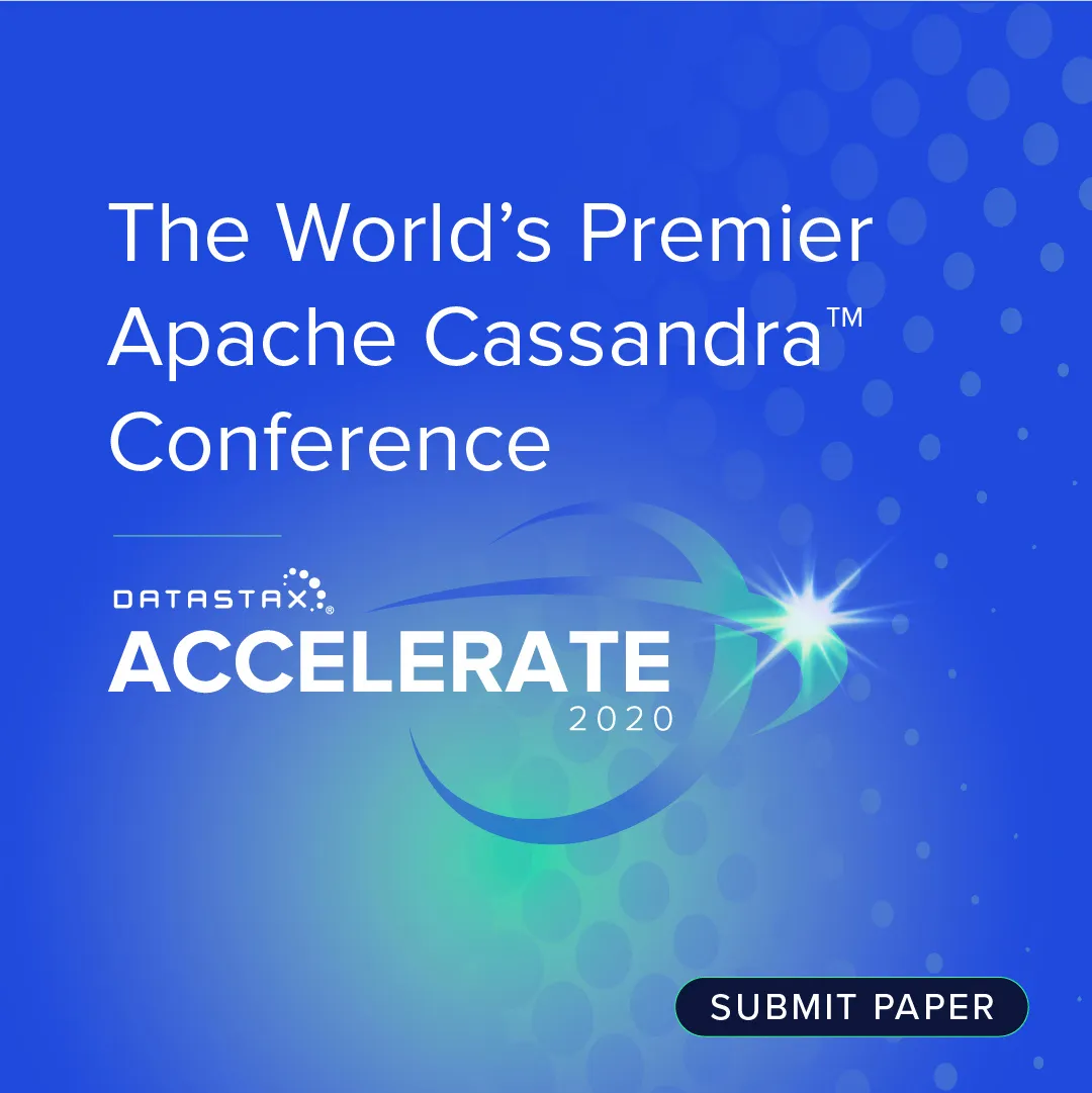 DataStax Accelerate 2020 "Submit paper" social banner with the Accelerate logo over a glowing blue ring.