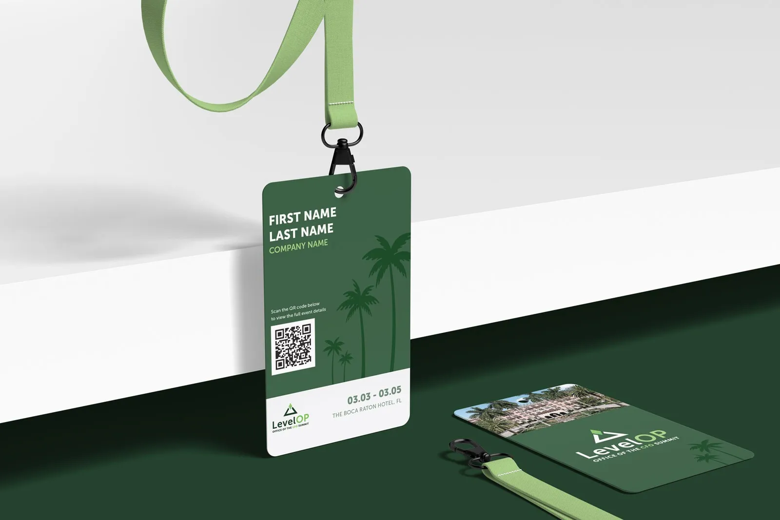 LevelOP summit attendee badge and lanyard in green with palm-tree graphics and a QR code.