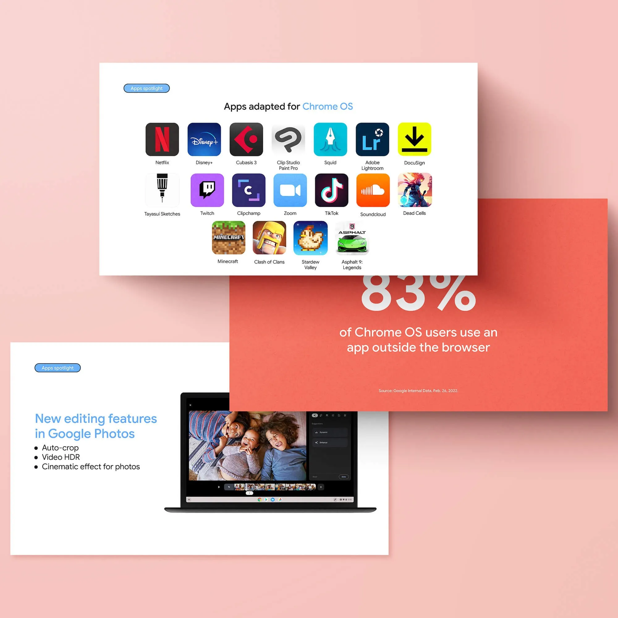 Google presentation slides about Chrome OS: a grid of app icons, an "83%" stat on coral, and new editing features in Google Photos on a laptop.