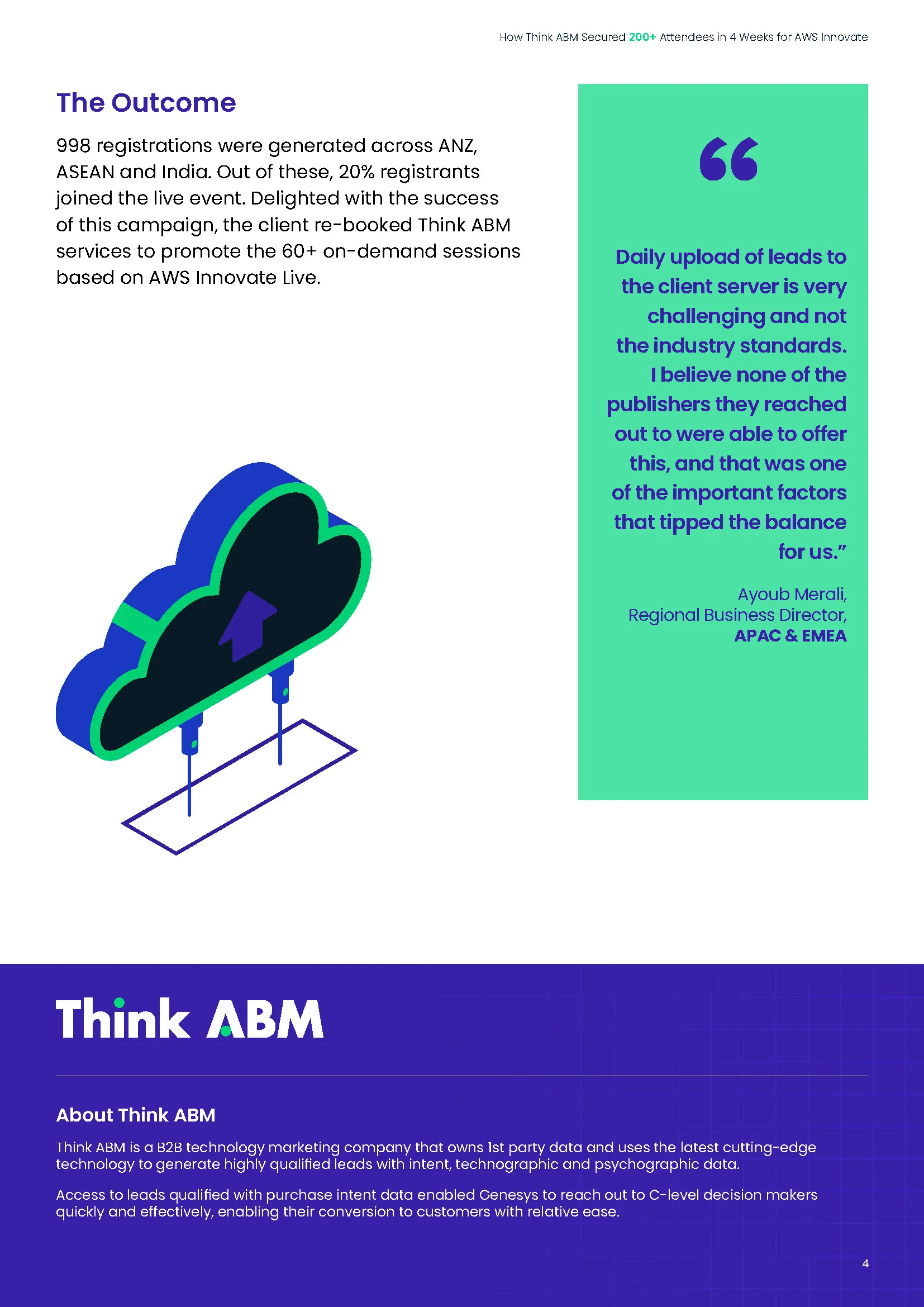 Page four, the outcome, with a mint pull-quote panel, a cloud illustration and a purple "About Think ABM" footer.