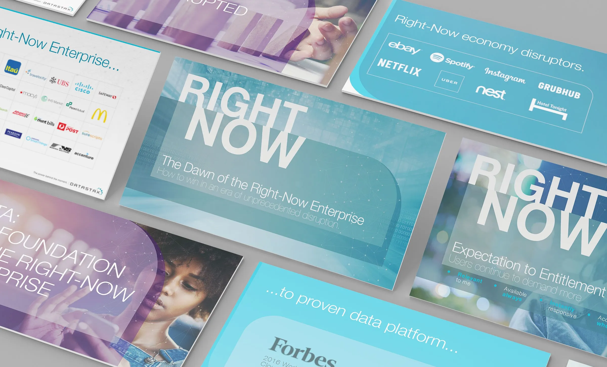 Enterprise deck slides in purple and teal: "The Dawn of the Right Now Enterprise", a logo slide with brands like eBay and Netflix, and a Forbes quote.
