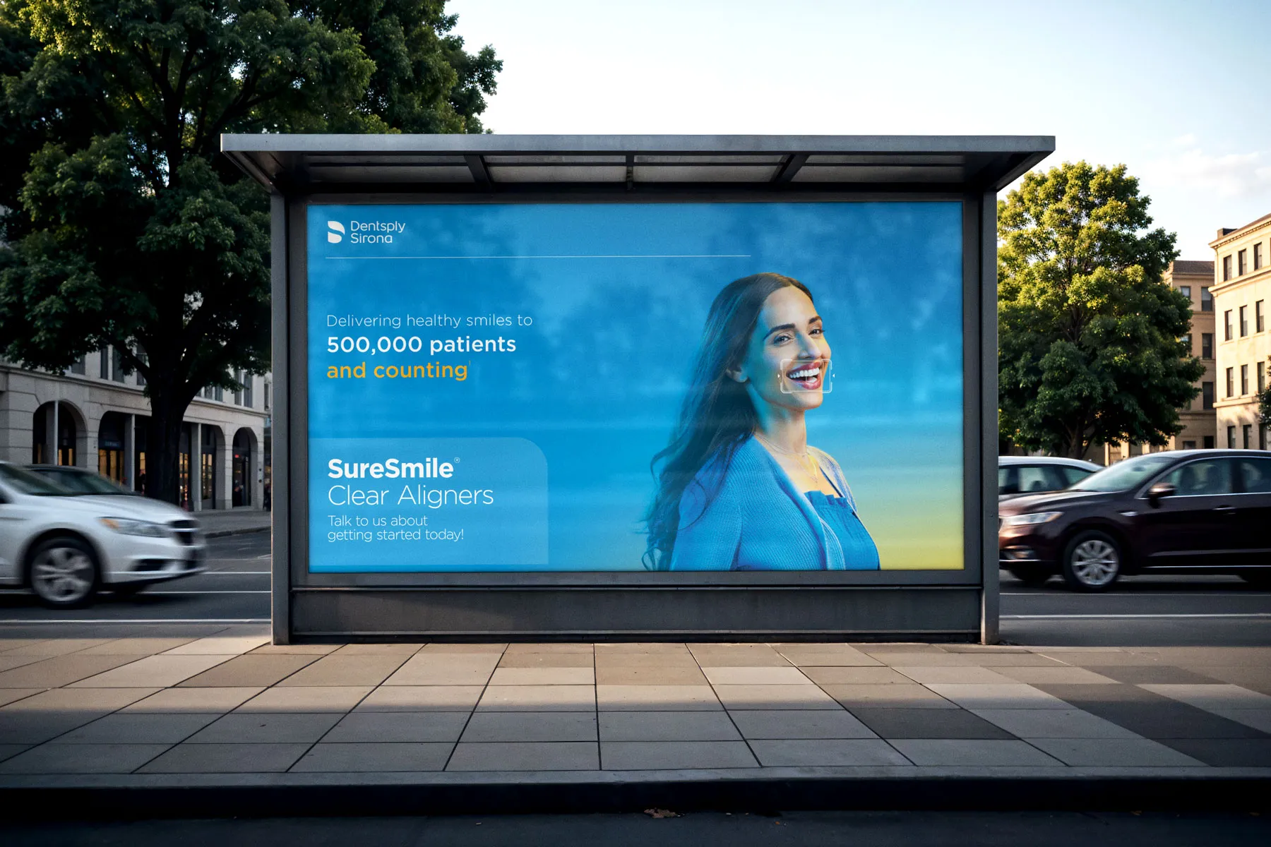 SureSmile bus-shelter ad: "Delivering healthy smiles to 500,000 patients and counting".