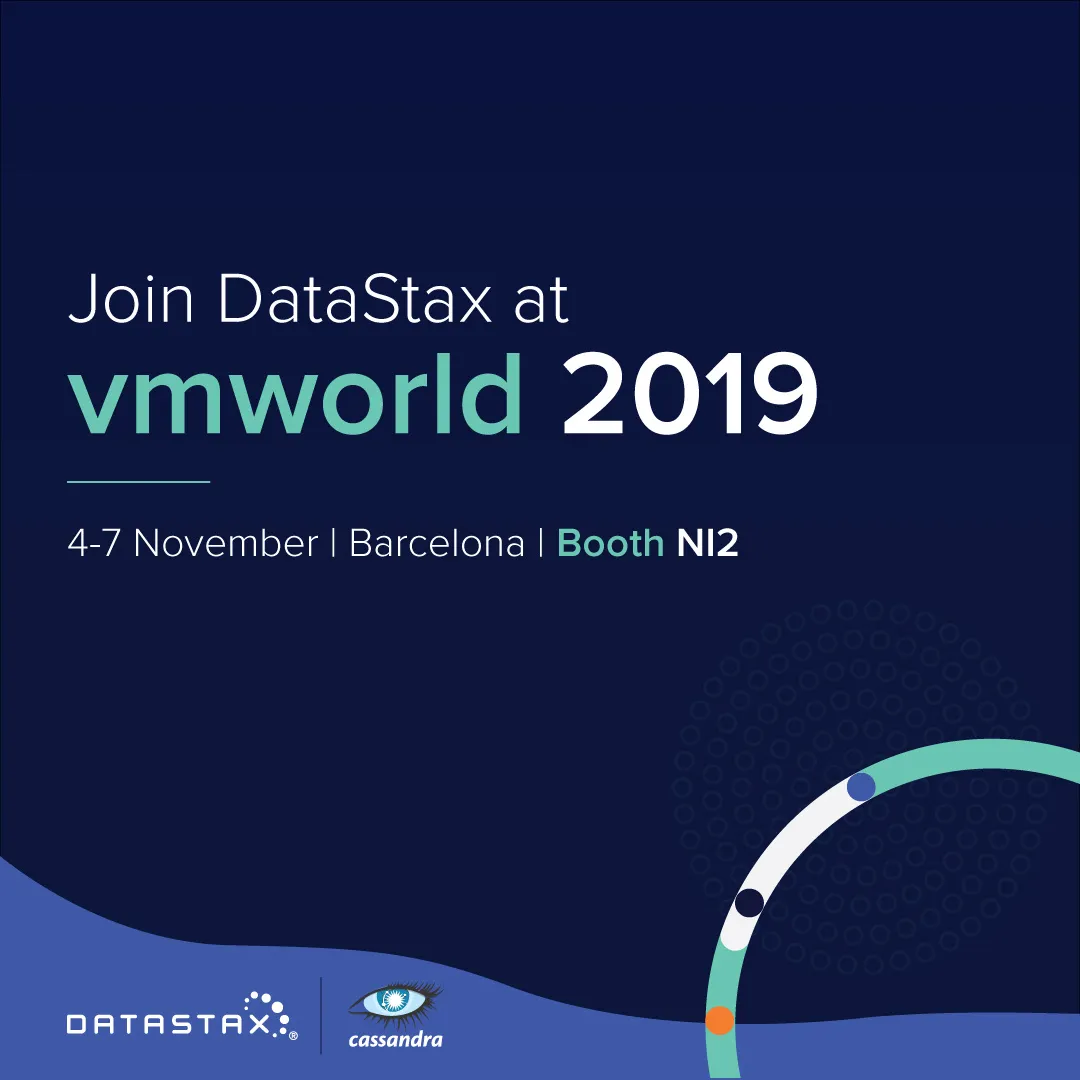 "Join DataStax at VMworld 2019" social banner for the Barcelona event, 4–7 November.