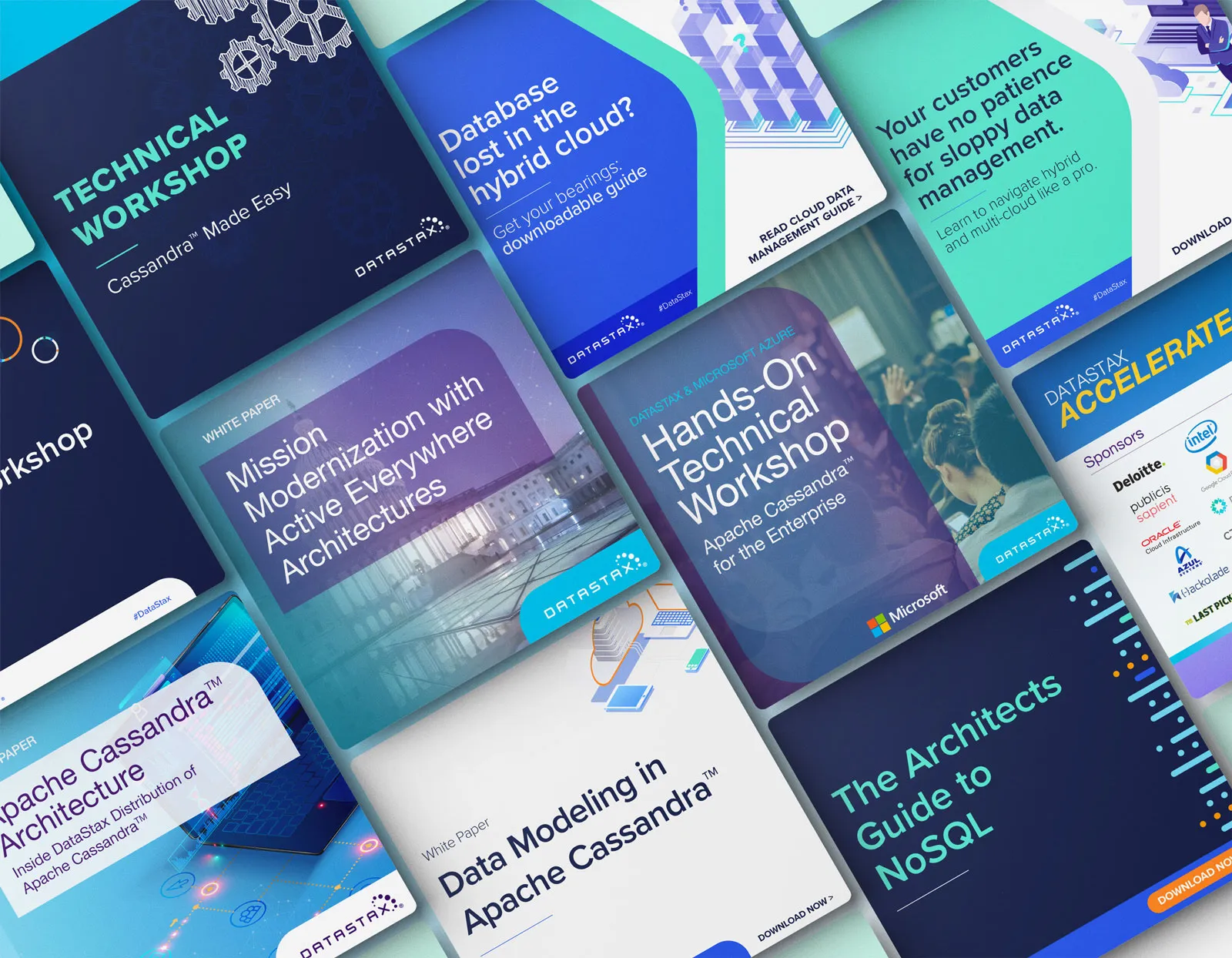 Grid of DataStax social graphics for technical workshops, white papers and Accelerate, in navy, teal and purple.