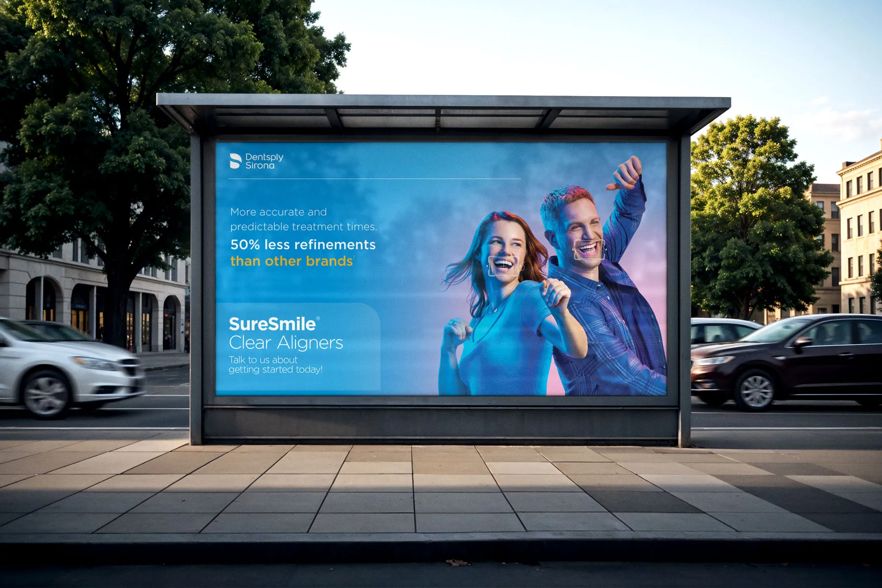 SureSmile bus-shelter ad about fewer refinements than other brands, with two people laughing.