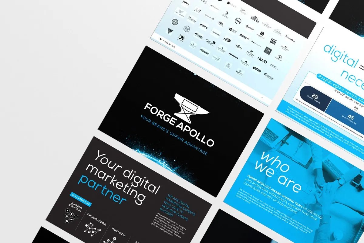 Forge Apollo pitch deck slides: the anvil logo on black, "Your digital marketing partner", "Who we are" in blue and a client logo grid.