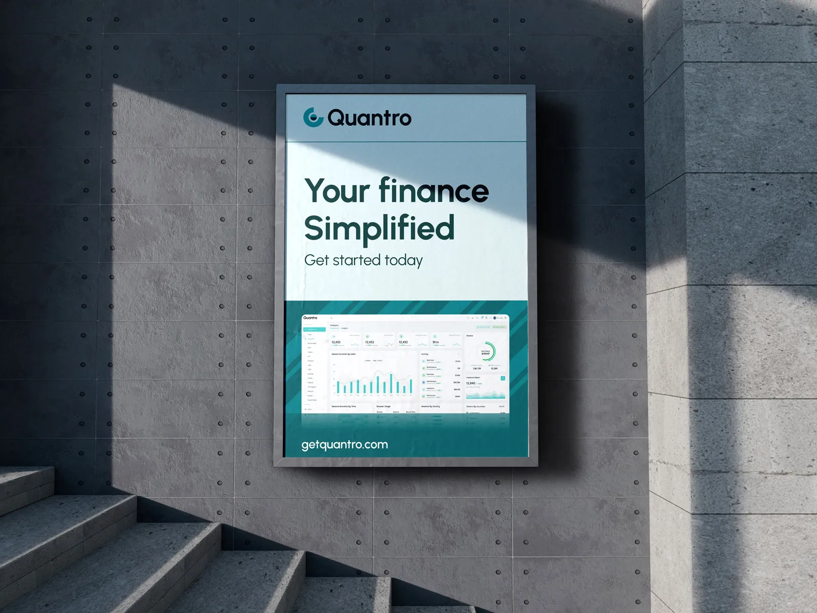 Framed Quantro poster on a concrete stairwell wall: "Your finance simplified. Get started today".