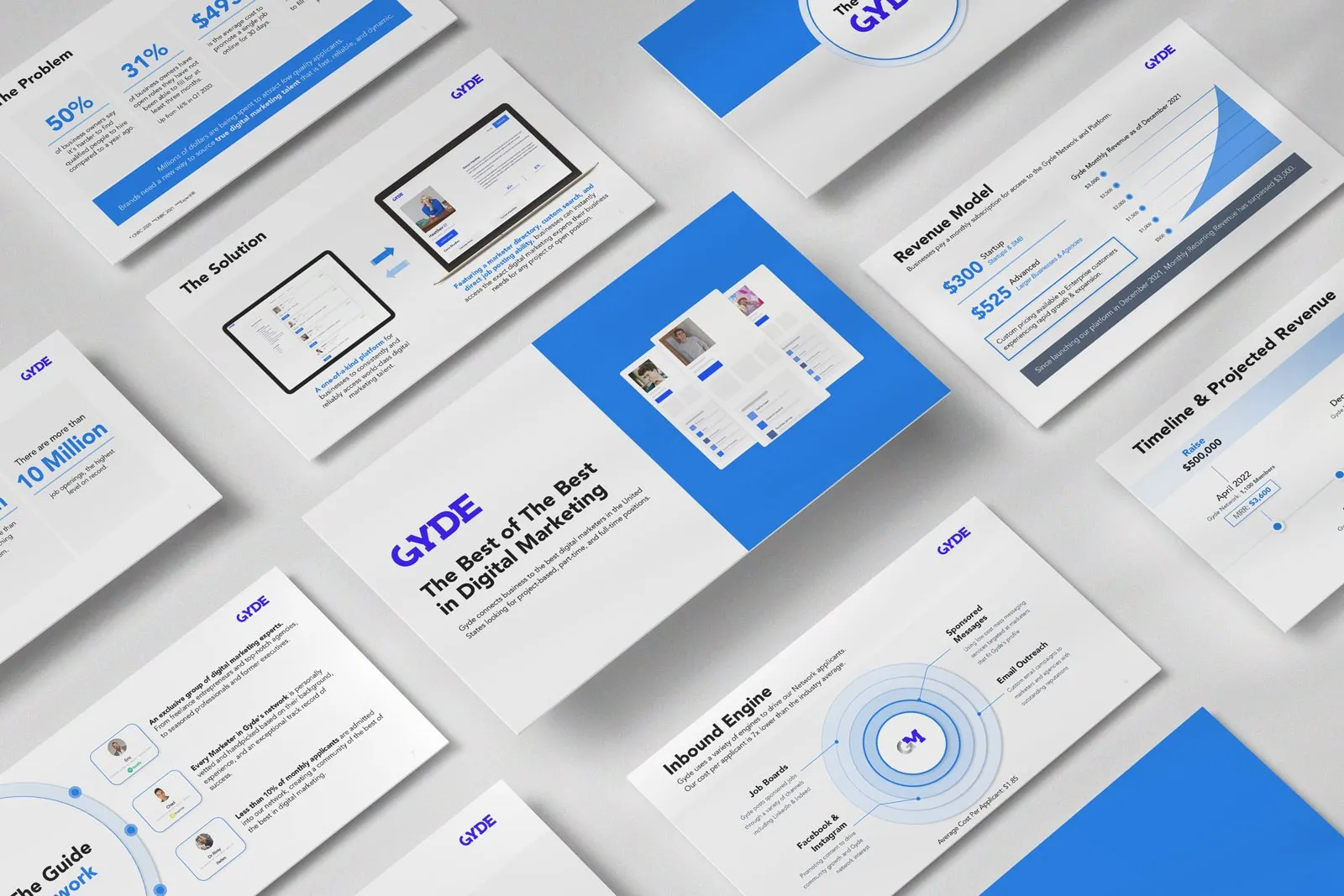 Gyde Media pitch deck slides in blue and white: "The Best of The Best in Digital Marketing", revenue model and projected revenue slides.