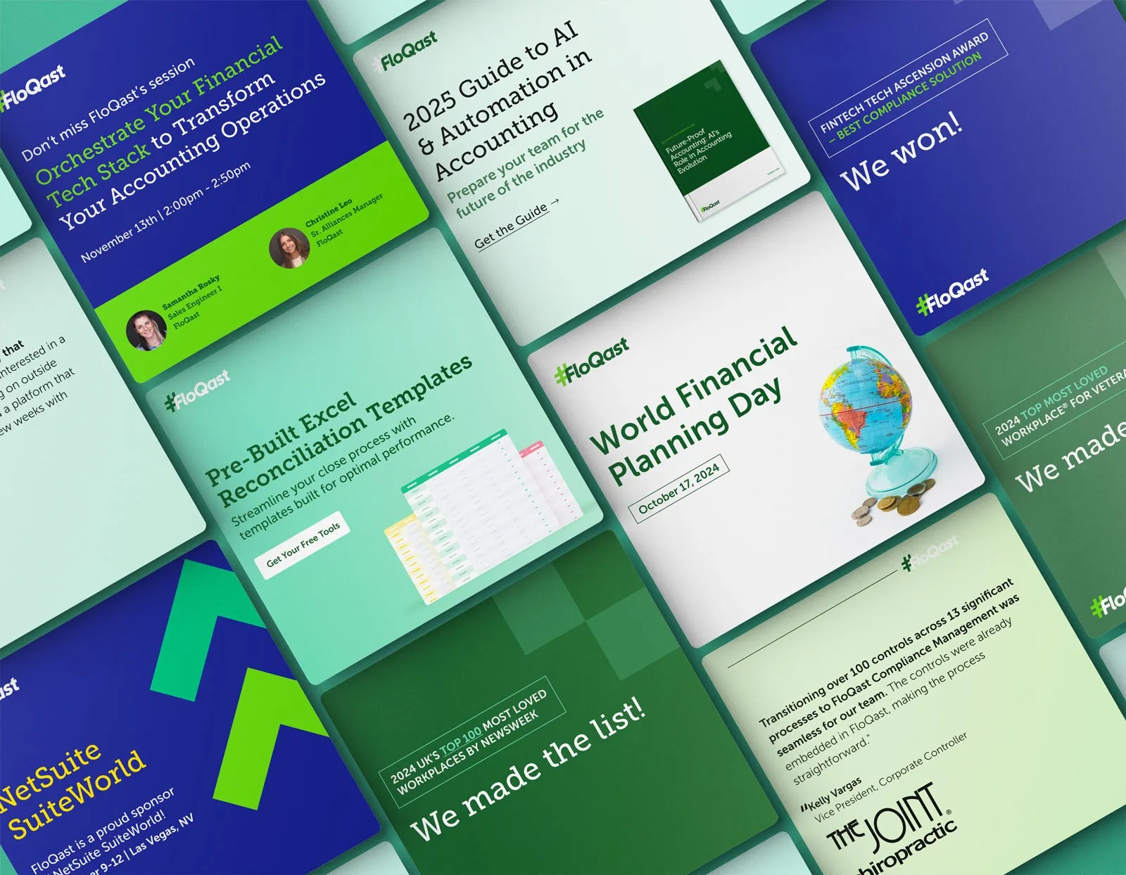 Grid of FloQast social graphics for webinars, award wins, a guide to AI in accounting and World Financial Planning Day.