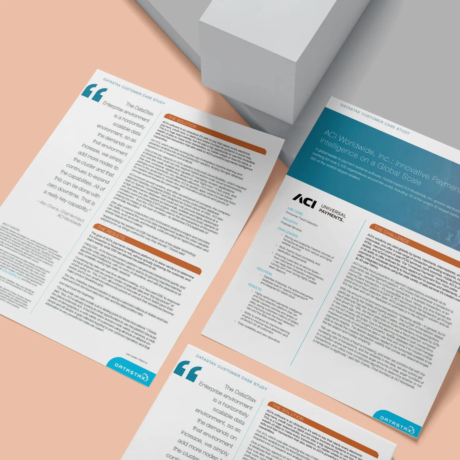 DataStax customer case study pages for ACI Worldwide on a peach background.