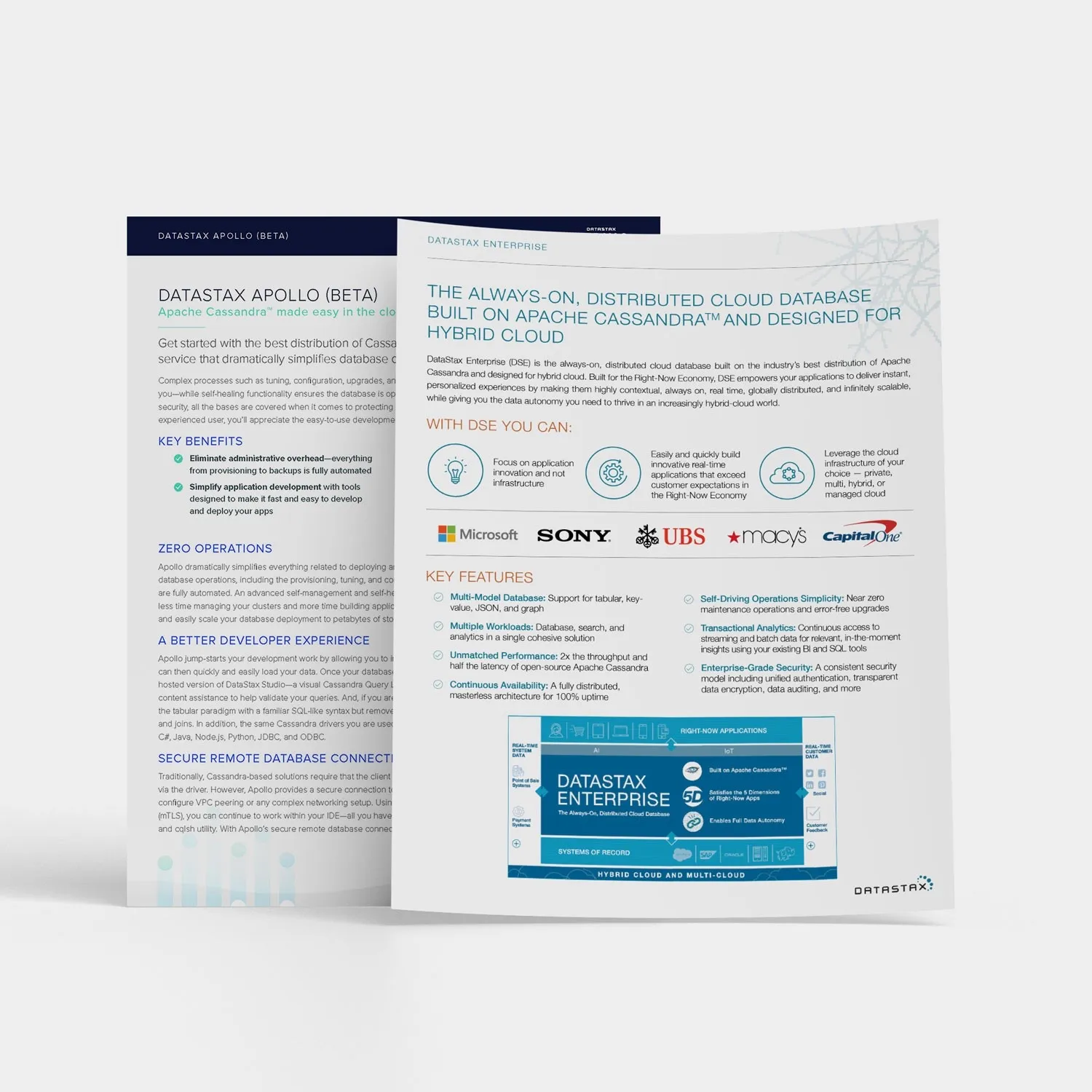 DataStax Apollo and DataStax Enterprise datasheets printed and overlapping on a light grey background.
