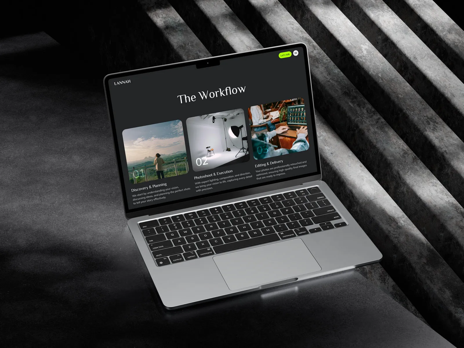 Laptop on a dark striped surface showing the Lannah site's "The Workflow" section with three numbered steps.