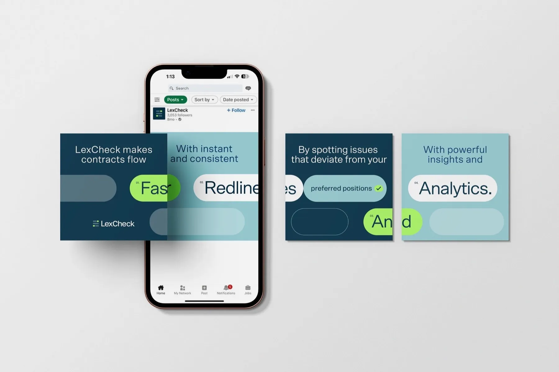 LexCheck LinkedIn carousel shown on a phone, with slides about fast redlines, spotting issues and analytics.
