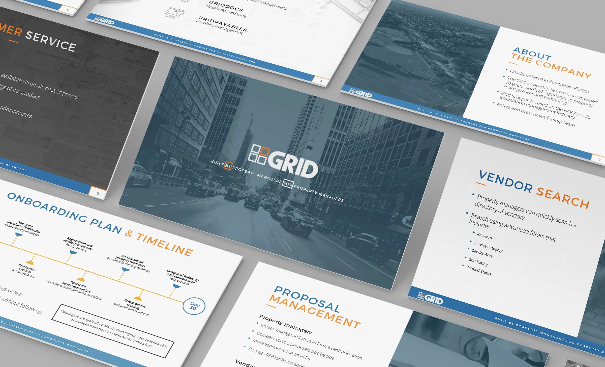 Grid presentation slides in blue-grey: company overview, onboarding plan and timeline, vendor search and proposal management.