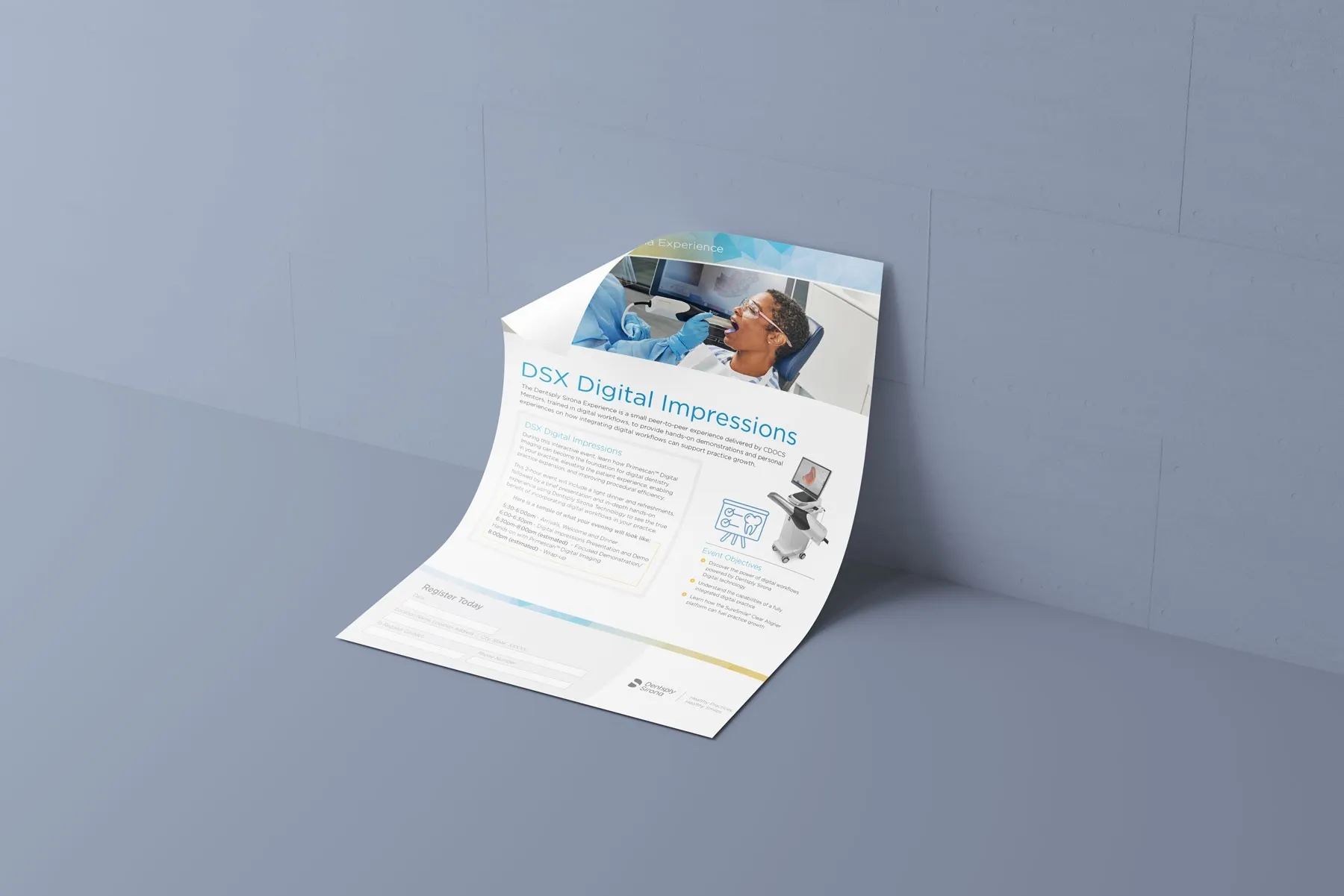 DSX Digital Impressions flyer curling off a grey-blue wall.