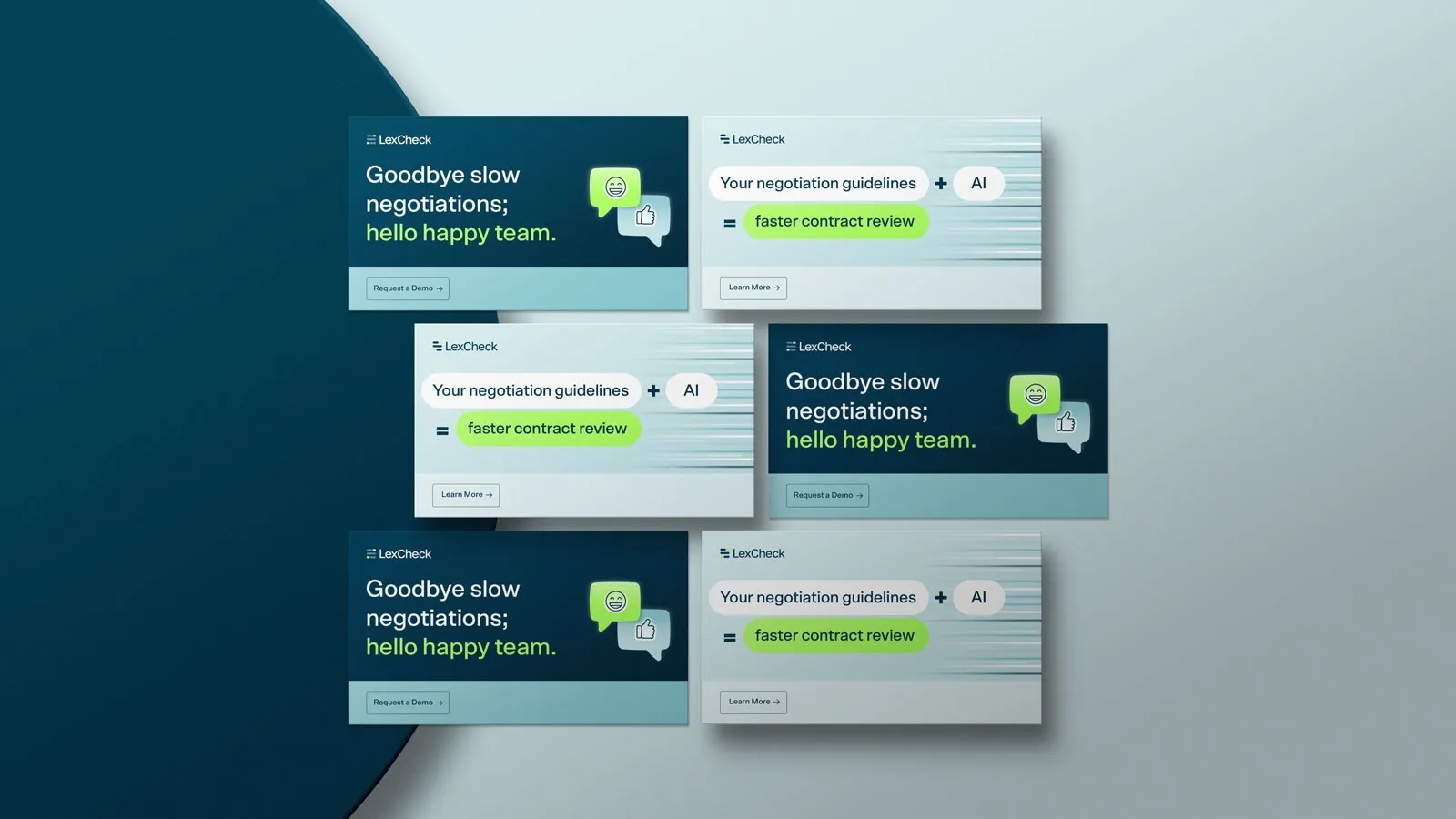 LexCheck email banners in dark and light teal: "Goodbye slow negotiations; hello happy team".