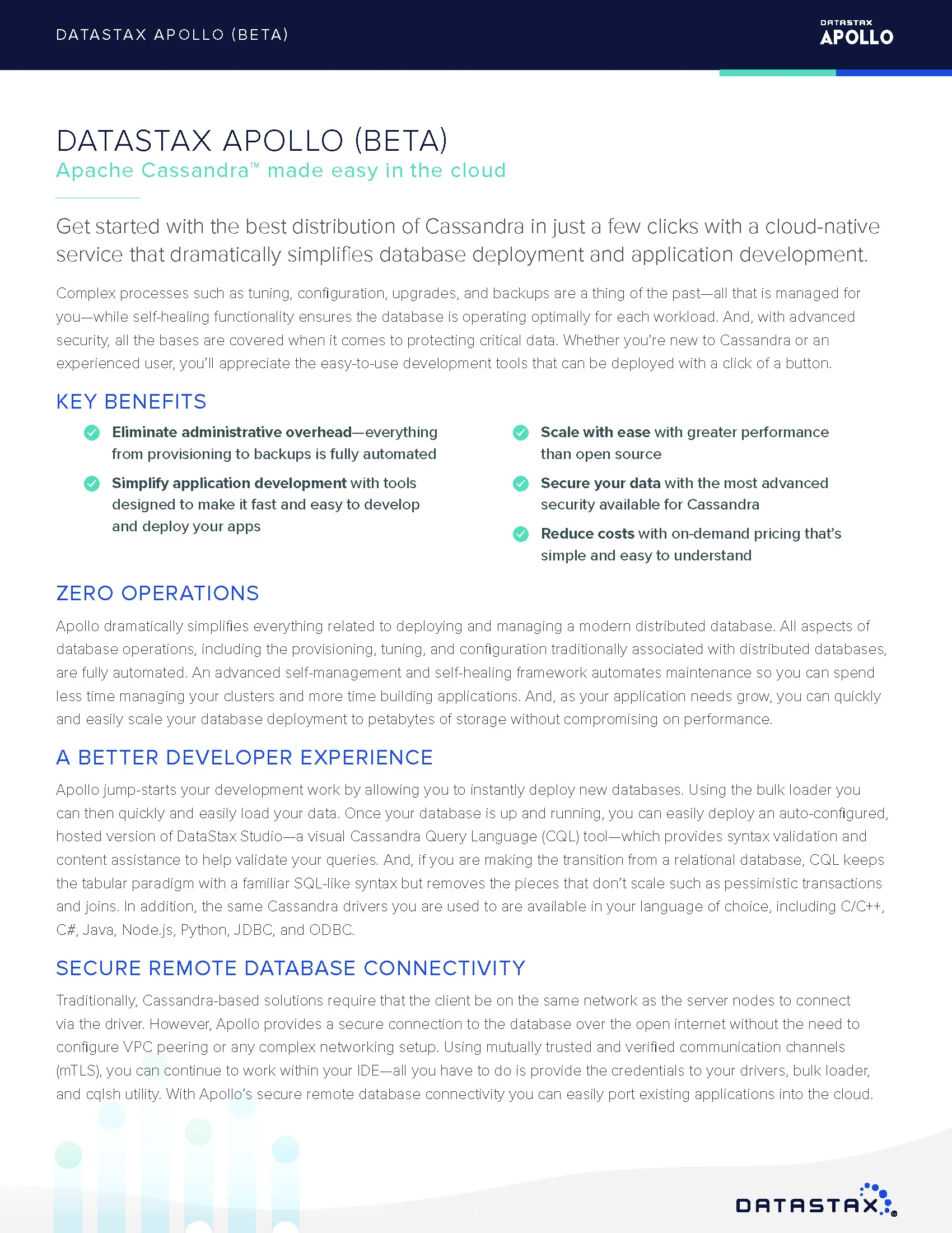 Page one of the DataStax Apollo (beta) one-pager, listing key benefits and features under a navy header.