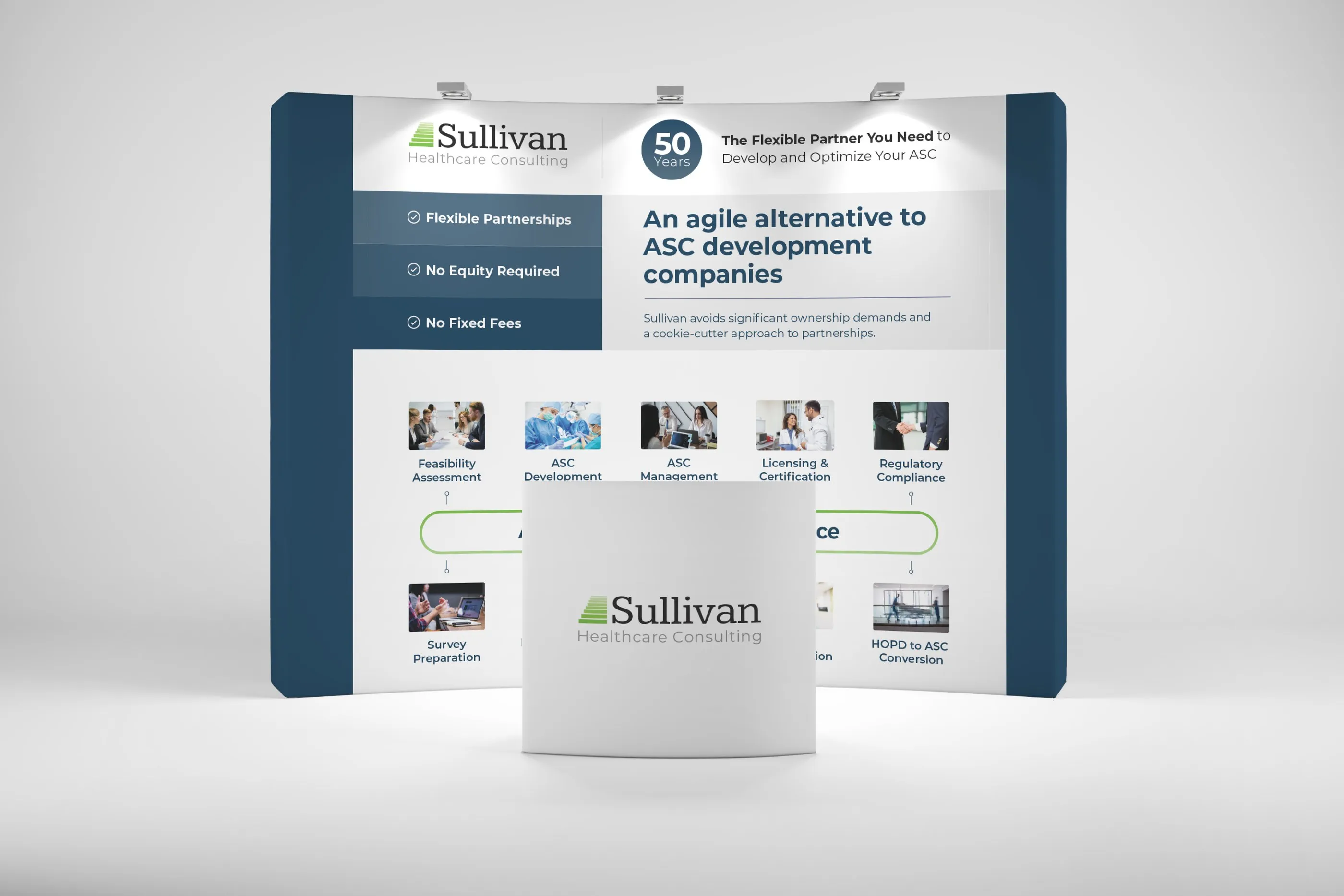 Sullivan Healthcare Consulting "50" booth: "An agile alternative to ASC development companies", three proof points, service tiles and a logo counter.