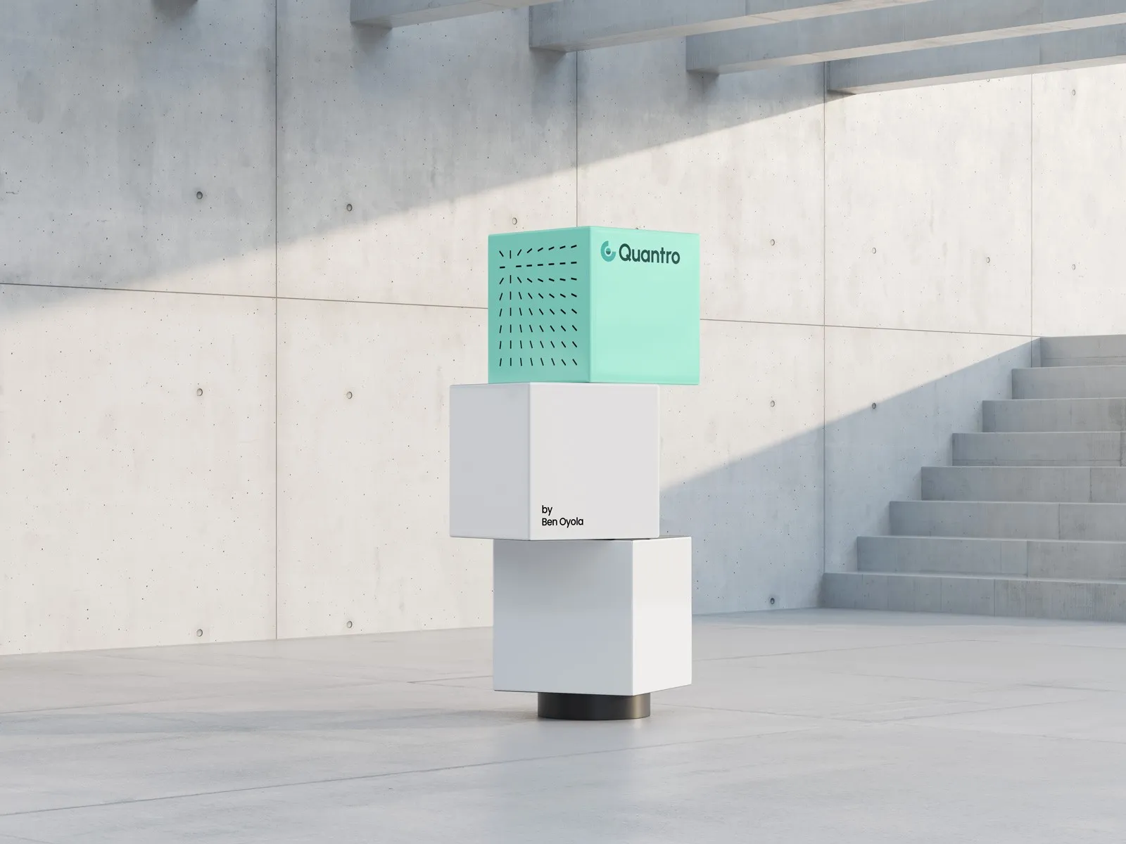Stacked white display cubes topped with a mint Quantro box in a concrete plaza.