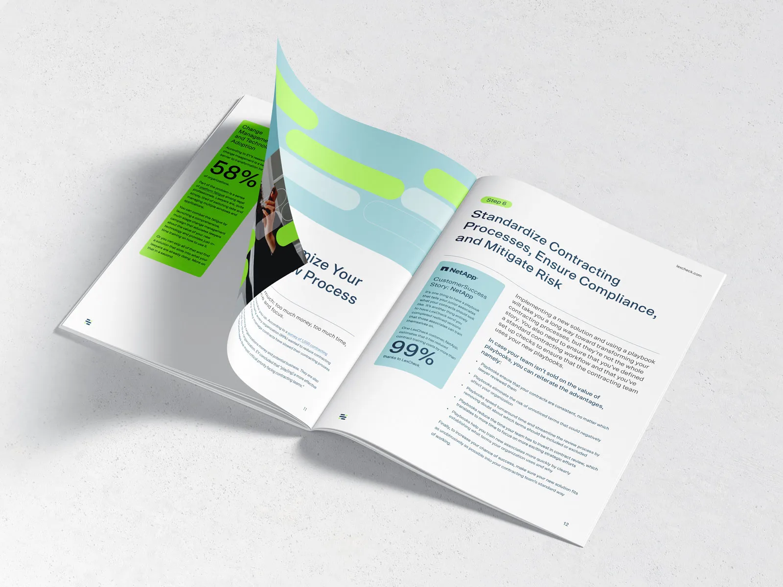 Open LexCheck guide spread on standardizing contracting processes, with large 58% and 99% statistics.
