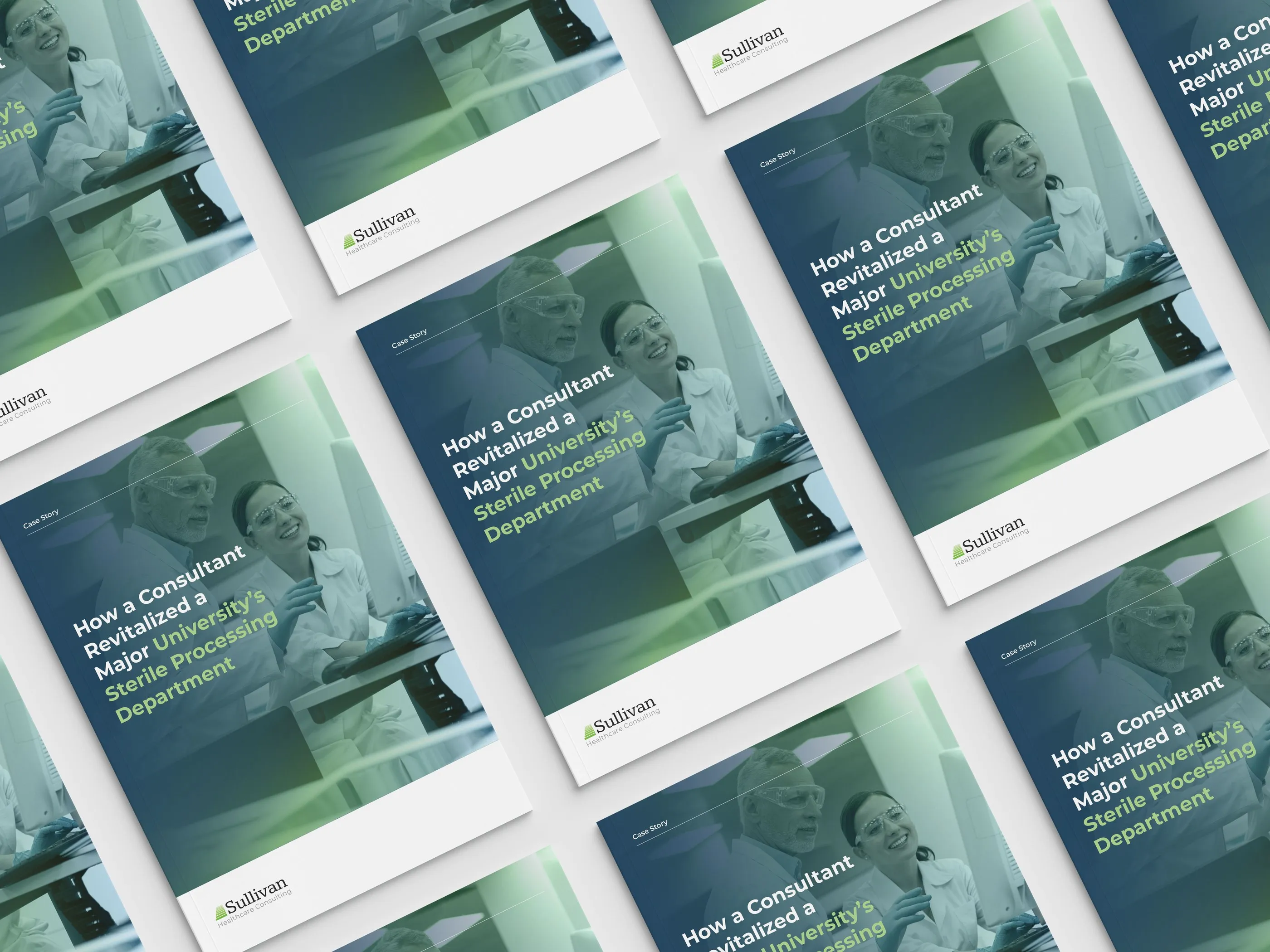 Grid of Sullivan case study covers: "How a Consultant Revitalized a Major University’s Sterile Processing Department" in green and navy.